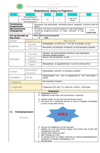 I nstr ucti ona l Pl a nni ng
(The process of systematically planning, developing, evaluating and managing the instructional process by using principles of teaching and
learning - D.O. 42, s. 2016)
Madetalyeng Gabay sa Pagtuturo
DLP Blg.: Asignatura: Baitang: Kwarter: Oras(haba): Petsa:
Komunikasyon at
Pananaliksik sa Wika at
Kulturang Fiipino
11 1
1 oras at 20
minuto
Pamantayang
Pangnilalaman
Nauunawaan ang mga konsepto, elementong kultural, kasaysayan, at gamit ng wika sa lipu
Pilipino.
Mga Kasanayang
Pampagkatuto
Naiuugnay ang mga konseptong pangwika sa mga napakinggang
sitwasyong pangkomunikasyon sa radyo, talumpati, at mga
panayam.
Code:
F11PN-Ia-86(Taken from the Curriculum Guide)
Susi ng Konsepto ng
Pag-unawa
Paksa: Mga KonseptongPangwika
A. Wika
Domain
Adapted Cognitive Process
Dimensions (D.O. No. 8, s. 2015)
Mga Layunin:
Kaalaman
Pag-alala Nakapagbibigay ng sariling kuro – kuro ukol sa kahalagan ng wika.
Pag-unawa Nauunawaan ang kahulugan at kabuluhan ng mga konseptong pangwika.
Kasanayan
Pag-aaplay
Naiuugnay ang mga konseptong pangwika sa mga napakinggang
sitwasyong pangkomunikasyon.
Pagsusuri Nasusuri ang mga katangian ng wika.
Pagtataya
Paglikha Nakapagbibigay ng pagpapakahulugan ng wika sa sariling opinion.
Kaasalan
Responding to
Phenomena
Nakapagbibigay kabuluhan sa konseptong pangwika.
Kahalagahan Valuing
Napapahalagahan ang wika sa pagpapahayag sa sarili nang pasalita o
pasulat.
2. Nilalaman Mga Konseptong Pangwika
3. Kagamitan Pinagyamang Plum app. 9-11, pentel pen, cartolina , manila paper
Pamamaraan
4.1 Panimulang Gawain
10 minuto
 Pagpapakilala sa sarili.
 Paglalahad sa mga house rules at panuntunan sa paaralan.
 Hayaang sagutin ng mga mag-aaral ang tanong ng guro:
a. Ang bawat isa ay hahayaang pumunta sa harap at magbigay ng kahulugan
ng wika sa isang salita lamang.
 Ang guro ay magtatanong sa mga mag-aaral:
1. Naisipan mo na ba ang maaring mangyari kung walang wika at hindi natin
maipapahayag ang sarili?
2. Mahirap bang mawala ang wika?
3. Bakit mahalaga ang wika?
4. Sa paanong paraan ito nagiging instrument ng mabisang pakikipagtalastasan,
kapayapaan at mabuting pakikipagkapwa tao?
5. Ano ang wika?
WIKA
 