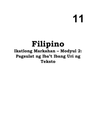 11
Filipino
Ikatlong Markahan – Modyul 2:
Pagsulat ng Iba’t Ibang Uri ng
Teksto
 