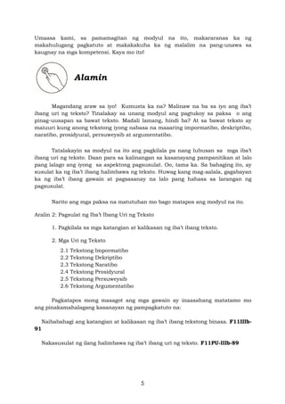 5
Umaasa kami, sa pamamagitan ng modyul na ito, makararanas ka ng
makahulugang pagkatuto at makakakuha ka ng malalim na pang-unawa sa
kaugnay na mga kompetensi. Kaya mo ito!
Alamin
Magandang araw sa iyo! Kumusta ka na? Malinaw na ba sa iyo ang iba’t
ibang uri ng teksto? Tinalakay sa unang modyul ang pagtukoy sa paksa o ang
pinag-uusapan sa bawat teksto. Madali lamang, hindi ba? At sa bawat teksto ay
maiuuri kung anong tekstong iyong nabasa na maaaring impormatibo, deskriptibo,
naratibo, prosidyural, persuweysib at argumentatibo.
Tatalakayin sa modyul na ito ang pagkilala pa nang lubusan sa mga iba’t
ibang uri ng teksto. Daan para sa kalinangan sa kasanayang pampanitikan at lalo
pang lalago ang iyong sa aspektong pagsusulat. Oo, tama ka. Sa bahaging ito, ay
susulat ka ng iba’t ibang halimbawa ng teksto. Huwag kang mag-aalala, gagabayan
ka ng iba’t ibang gawain at pagsasanay na lalo pang hahasa sa larangan ng
pagsusulat.
Narito ang mga paksa na matutuhan mo bago matapos ang modyul na ito.
Aralin 2: Pagsulat ng Iba’t Ibang Uri ng Teksto
1. Pagkilala sa mga katangian at kalikasan ng iba’t ibang teksto.
2. Mga Uri ng Teksto
2.1 Tekstong Impormatibo
2.2 Tekstong Dekriptibo
2.3 Tekstong Naratibo
2.4 Tekstong Prosidyural
2.5 Tekstong Persuweysib
2.6 Tekstong Argumentatibo
Pagkatapos mong masagot ang mga gawain ay inaasahang matatamo mo
ang pinakamahalagang kasanayan ng pampagkatuto na:
Naibabahagi ang katangian at kalikasan ng iba’t ibang tekstong binasa. F11IIIb-
91
Nakasusulat ng ilang halimbawa ng iba’t ibang uri ng teksto. F11PU-IIIb-89
 