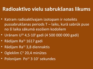 Radioaktīvo vielu sabrukšanas likums
• Katram radioaktīvajam izotopam ir noteikts
pussabrukšanas periods T – laiks, kurā sabrūk puse
no šī laika sākumā esošiem kodoliem
• Urānam U238
4,5∙109
gadi (4 500 000 000 gadi)
• Rādijam Ra226
1617 gadi
• Rādijam Ra222
3,8 diennaktis
• Ogleklim C14
20,4 minūtes
• Polonijam Po212
3∙10-7
sekundes
 