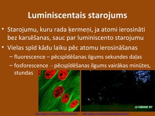 Luminiscentais starojums
• Starojumu, kuru rada ķermeņi, ja atomi ierosināti
bez karsēšanas, sauc par luminiscento starojumu
• Vielas spīd kādu laiku pēc atomu ierosināšanas
– fluorescence – pēcspīdēšanas ilgums sekundes daļas
– fosforescence - pēcspīdēšanas ilgums vairākas minūtes,
stundas
http://giphy.com/search/fluorescence http://giphy.com/search/phosphorescent
 