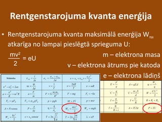 Rentgenstarojuma kvanta enerģija
• Rentgenstarojuma kvanta maksimālā enerģija Wmax
atkarīga no lampai pieslēgtā sprieguma U:
m – elektrona masa
v – elektrona ātrums pie katoda
e – elektrona lādiņš
mv2
2
= eU
 