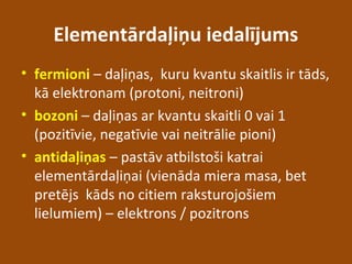 Elementārdaļiņu iedalījums
• fermioni – daļiņas, kuru kvantu skaitlis ir tāds,
kā elektronam (protoni, neitroni)
• bozoni – daļiņas ar kvantu skaitli 0 vai 1
(pozitīvie, negatīvie vai neitrālie pioni)
• antidaļiņas – pastāv atbilstoši katrai
elementārdaļiņai (vienāda miera masa, bet
pretējs kāds no citiem raksturojošiem
lielumiem) – elektrons / pozitrons
 