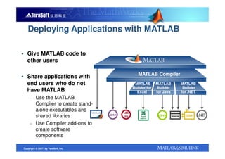 Deploying Applications with MATLAB

   Give MATLAB code to
   other users

                                                      MATLAB Compiler
   Share applications with
   end users who do not                             MATLAB       MATLAB     MATLAB
                                                   Builder for    Builder    Builder
   have MATLAB                                       Excel       for Java   for .NET
     – Use the MATLAB
       Compiler to create stand-
       alone executables and                .dll
       shared libraries              .exe                         Java
                                            .lib

     – Use Compiler add-ons to
       create software
       components

Copyright © 2007 by TeraSoft, Inc.
 