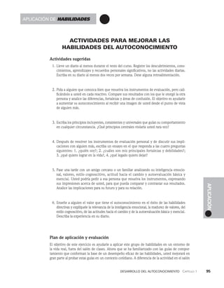 desarrollo del autoconocimiento   Capítulo 1    95
APLICACIÓN
ACTIVIDADES PARA MEJORAR LAS
HABILIDADES DEL AUTOCONOCIMIENTO
Actividades sugeridas
1. Lleve un diario al menos durante el resto del curso. Registre los descubrimientos, cono­
cimientos, aprendi­
zajes y recuerdos personales significativos, no las actividades diarias.
Escriba en su diario al menos dos veces por semana. Dese alguna retroalimentación.
2. Pida a alguien que conozca bien que resuelva los instrumentos de evaluación, pero cali­
ficándolo a usted en cada reactivo. Compare sus resultados con los que le otorgó la otra
persona y analice las diferencias, fortalezas y áreas de confusión. El objetivo es ayudarle
a aumentar su autoconocimiento al recibir una imagen de usted desde el punto de vista
de alguien más.
3. Escriba los principios incluyentes, consistentes y universales que guían su comporta­
miento
en cualquier circunstancia. ¿Qué principios centrales violaría usted rara vez?
4. Después de resolver los instrumentos de evaluación personal y de discutir sus impli­
caciones con alguien más, escriba un ensayo en el que responda a las cuatro preguntas
si­
guientes: 1. ¿quién soy?; 2. ¿cuáles son mis principales fortalezas y debilidades?;
3. ¿qué quiero lograr en la vida?, 4. ¿qué legado quiero dejar?
5. Pase una tarde con un amigo cercano o un familiar analizando su inteligencia emocio­
nal, valores, estilo cognoscitivo, actitud hacia el cambio y autoevaluación básica y
esencial. Usted podría pedir a esa persona que resuelva los instrumentos, expresando
sus impresiones acerca de usted, para que pueda comparar y contrastar sus resultados.
Analice las implicacio­
nes para su futuro y para su relación.
6. Enseñe a alguien el valor que tiene el autoconocimiento en el éxito de las habilidades
directi­
vas y explíquele la relevancia de la inteligencia emocional, la madurez de valores, del
estilo cognoscitivo, de las actitudes hacia el cambio y de la autoevaluación básica y esencial.
Describa la experiencia en su diario.
Plan de aplicación y evaluación
El objetivo de este ejercicio es ayudarle a aplicar este grupo de habilidades en un entorno de
la vida real, fuera del salón de clases. Ahora que se ha familiarizado con las guías de compor­
tamiento que conforman la base de un desempeño eficaz de las habilidades, usted mejorará en
gran parte al probar estas guías en un contexto cotidiano. A diferencia de la actividad en el salón
Aplicación de habilidades
 