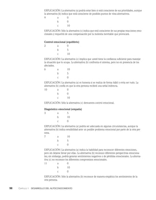 98    Capítulo 1   Desarrollo del autoconocimiento
EXPLICACIÓN: La alternativa (a) podría estar bien si está consciente de sus prioridades, aunque
la alternativa (b) indica que está consciente de posibles puntos de vista alternativos.
9 a 0
b 0
c 10
EXPLICACIÓN: Sólo la alternativa (c) indica que está consciente de sus propias reacciones emo­
cionales y requerirá de una compensación por la molestia inevitable que provocará.
Control emocional (equilibrio)
2 a 0
b 5
c 10
EXPLICACIÓN: La alternativa (c) implica que usted tiene la confianza suficiente para manejar
la situación que lo ocupa. La alternativa (b) confronta el sistema, pero no en presencia de los
afectados.
6 a 10
b 5
c 0
EXPLICACIÓN: La alternativa (a) es honesta si se realiza de forma hábil y evita ser rudo. La
alternativa (b) confía en que la otra persona recibirá una señal indirecta.
10 a 0
b 0
c 10
EXPLICACIÓN: Sólo la alternativa (c) demuestra control emocional.
Diagnóstico emocional (empatía)
3 a 5
b 10
c 0
EXPLICACIÓN: La alternativa (a) podría ser adecuada en algunas circunstancias, aunque la
alternativa (b) indica sensibilidad ante un posible problema emocional por parte de la otra per­
sona.
7 a 10
b 5
c 0
EXPLICACIÓN: La alternativa (a) indica la habilidad para reconocer diferentes emociones,
pero sin dejarse llevar por ellas. La alternativa (b) reconoce diferentes perspectivas emociona­
les; sin embargo, podría generar sentimientos negativos o de pérdidas emocionales. La alterna­
tiva (c) no reconoce los diferentes compromisos emocionales.
11 a 0
b 10
c 0
EXPLICACIÓN: Sólo la alternativa (b) reconoce de manera empática los sentimientos de la
otra persona.
 