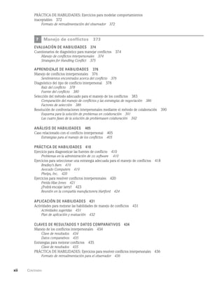 xii    Contenido  
PRÁCTICA DE HABILIDADES: Ejercicios para modelar comportamientos
inaceptables   372
Formato de retroalimentación del observador   372
7 Manejo de conflictos   373
evaluación de habilidades   374
Cuestionarios de diagnóstico para manejar conflictos   374
Manejo de conflictos interpersonales   374
Strategies for Handling Conflict   375
Aprendizaje de habilidades   376
Manejo de conflictos interpersonales   376
Sentimientos encontrados acerca del conflicto   376
Diagnóstico del tipo de conflicto interpersonal   378
Raíz del conflicto   378
Fuente del conflicto   380
Selección del método adecuado para el manejo de los conflictos   383
Comparación del manejo de conflictos y las estrategias de negociación   386
Factores de selección   386
Resolución de confrontaciones interpersonales mediante el método de colaboración   390
Esquema para la solución de problemas en colaboración   391
Las cuatro fases de la solución de problemasen colaboración   392
Análisis de habilidades   405
Caso relacionado con el conflicto interpersonal   405
Estrategias para el manejo de los conflictos   405
Práctica de habilidades   410
Ejercicio para diagnosticar las fuentes de conflicto   410
Problemas en la administración de sss software    410
Ejercicios para seleccionar una estrategia adecuada para el manejo de conflictos   418
Bradley’s Barn   419
Avocado Computers   419
Phelps, Inc.   420
Ejercicios para resolver conflictos interpersonales   420
Freida Mae Jones   421
¿Podrá encajar larry?   423
Reunión en la compañía manufacturera Hartford   424
Aplicación de habilidades   431
Actividades para mejorar las habilidades de manejo de conflictos   431
Actividades sugeridas   431
Plan de aplicación y evaluación   432
Claves de resultados y datos comparativos   434
Manejo de los conflictos interpersonales   434
Clave de resultados   434
Datos comparativos   435
Estrategias para mejorar conflictos   435
Clave de resultados   435
PRÁCTICA DE HABILIDADES: Ejercicios para resolver conflictos interpersonales   436
Formato de retroalimentación para el observador   436
 