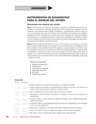 106    Capítulo 2   Manejo del estrés personal
INSTRUMENTOS DE DIAGNÓSTICO
PARA EL MANEJO DEL ESTRÉS
Evaluación del manejo del estrés
Paso 1: Antes de leer el material de este capítulo, responda a los siguientes enunciados escri­
biendo en la columna de la izquierda (evaluación previa) un número de la siguiente escala de
evaluación. Las respuestas deben reflejar sus actitudes y comportamiento como son ahora, no
como usted quisiera que fueran. Sea honesto. Este instrumento está diseñado para ayudarle a
des­
cubrir su nivel de competencia en el manejo del estrés, de manera que usted pueda adaptar
su apren­
dizaje a sus necesidades específicas. Cuando haya completado el cuestionario, utilice la
clave de resultados al final del capítulo para identificar las áreas de habilidades más importantes,
analizadas en este capítulo, que deberá dominar.
Paso 2: Una vez que haya terminado la lectura de este capítulo, los ejercicios y, de manera
ideal, la mayor cantidad posible de actividades de la sección Aplicación de habilidades al final
de este capítulo, cubra su primer conjunto de respuestas y luego responda a los mismos reacti­
vos nuevamente, esta vez en la columna de la derecha (evaluación posterior). Cuando termine
de responder el cuestionario, utilice la clave de resultados al final del capítulo para medir su
progreso. Si su resultado continúa bajo en áreas de habilidades específicas, utilice las guías de
comportamiento que se presentan al final de la sección Aprendizaje de habilidades, para dirigir
sus prácticas futuras.
Escala de evaluación
1 Totalmente en desacuerdo
2 En desacuerdo
3 Ligeramente en desacuerdo
4 Ligeramente de acuerdo
5 De acuerdo
6 Totalmente de acuerdo
Evaluación
Previa Posterior
Cuando me enfrento con situaciones estresantes o con presión de tiempo:
______ _______ 1. Utilizo eficazmente métodos de administración del tiempo como tener conciencia de mi
tiempo, hacer listas de asuntos pendientes y priorizar tareas.
______ _______ 2. Sigo un programa de ejercicio regular para conservarme en forma.
______ _______ 3. Mantengo una relación abierta y de confianza con alguien con quien puedo compartir mis
frustraciones.
______ _______ 4. Necesito y practico varias técnicas de relajación temporal, como respiración profunda y
relaja­
ción muscular.
______ _______ 5. A menudo reafirmo mis prioridades para que las cosas menos importantes no me distraigan
de las cosas más importantes.
______ _______ 6. Mantengo un equilibrio en mi vida al tener diversos intereses fuera de mi trabajo.
______ _______ 7. Tengo una relación cercana con alguien que funge como mi mentor o consejero.
______ _______ 8. Me valgo de otros de manera eficaz para cumplir con las tareas laborales.
EVALUACIÓN DE HABILIDADES
 