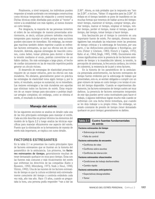Manejo del estrés personal   Capítulo 2    117
APRENDIZAJE
Tabla 2.1  
Cuatro fuentes fundamentales
de estrés
Factores estresantes de tiempo
• Sobrecarga de trabajo
• Falta de control
Factores estresantes de encuentro
• Conflictos de roles
• Conflictos sobre asuntos
• Conflictos de interacción
Factores estresantes situacionales
• Condiciones de trabajo desfavorables
• Cambio rápido
Factores estresantes anticipatorios
• Expectativas desagradables
• Temor
Finalmente, a nivel temporal, los individuos pueden
responder al estado acelerado con estrate­
gias constructivas
como técnicas temporales de relajación y control mental.
Dichas técnicas están diseñadas para ayudar al “motor” a
volver a la estabilidad con más rapidez, al menos durante
un corto tiempo.
Por desgracia, la mayoría de las personas invierten
el orden de las estrategias de manejo pre­
sentadas ante­
riormente, es decir, utilizan primero métodos reactivos
temporales para manejar el estrés por­
que estas acciones
pueden ejecutarse de inmediato. Sin embargo, las estrate­
gias reactivas también deben repetirse cuando se enfren­
tan factores estresantes, ya que sus efectos son de corta
duración. Además, algunas estrategias de reacción comu­
nes, como beber, to­
mar píldoras para dormir o liberar
la tensión mediante el eno­
jo, podrían convertirse en un
hábito dañino. Sin más es­
trategias a largo plazo, el hecho
de confiar únicamente en las de reacción repetitiva podría
generar un círculo vicioso.
El desarrollo de estrategias de elasticidad proactivas
requiere de un mayor esfuerzo, pero los efectos son más
durade­
ros. No obstante, generalmente poner en práctica
las estrategias de elasticidad toma algún tiempo y, por lo
tanto, el resultado, aunque es sustancial, no es inmediato.
Las mejores estrategias y las más duraderas son aquellas
que eliminan to­
dos los factores de estrés. Éstas requie­
ren de un mayor tiempo para ejecutarse y podrían impli­
car arreglos complejos; sin embargo, como se elimina el
estrés, el resultado es duradero.
Manejo del estrés
En las siguientes secciones se analiza en detalle cada una
de las tres principales estrategias para manejar el estrés.
Cada sección describe en primer término los elementos del
modelo de la figura 2.2 y luego analiza las técnicas espe­
cíficas para manejar eficazmente ese aspecto del estrés.
Puesto que la eliminación es la herramienta de manejo de
estrés más importante, se explica con sumo detalle.
FACTORES ESTRESANTES
En la tabla 2.1 se presentan los cuatro principales tipos
de factores estresantes que se ilustran en la historia del
paramédico de la ambulancia. Los primeros, los facto­
res estresantes de tiempo, generalmente resultan de
tener demasiado quehacer en muy poco tiempo. Éstas son
las fuentes más comunes y más recalcitrantes del estrés
que enfrentan los di­
rectivos de las compañías (Kahn y
Byosiere, 1992; Mintzberg, 1973; Stalk y Hout, 1990;
Vinton, 1992). Una de las razones de los factores estresan­
tes de tiempo es que la cultura occidental está extremada­
mente consciente del tiempo y continúa estándolo cada
vez más, año tras año. Hace 15 años, cuando se pregun­
taba la hora, una persona podía responder “van a dar las
2:30”. Ahora, es más pro­
bable que la respuesta sea “son
las 2:28”, o incluso, “fal­
tan 15 segundos para las 2:28”. El
énfasis en el tiempo también se pone de manifiesto en las
muchas formas que tenemos de hablar acerca del tiempo:
tener tiempo, mantener el tiempo, comprar tiempo, aho­
rrar tiempo, marcar el tiem­
po, emplear el tiempo, ven­
der tiempo, perder el tiempo, matar el tiempo, pasar el
tiempo, dar tiempo, tomar tiem­
po y hacer tiempo.
Esta fascinación por el tiempo lo convierte en una
importan­
te fuente de estrés. Por ejemplo, diversos inves­
tigadores han estudiado las relaciones entre las presiones
de tiempo crónicas y la sobrecarga de funciones, por una
parte, y las disfunciones psicológicas y fisiológicas, por
otra (Fisher y Gitelson, 1983; French y Caplan, 1972;
Kahn et al., 1964; Singh, 1993, 1998). Encontraron rela­
ciones significativas entre la presencia de los factores estre­
santes de tiempo y la insa­
tisfacción laboral, la tensión, la
percepción de amenazas, la frecuencia cardiaca, los niveles
de colesterol, la resistencia de la piel y otros factores.
En la historia de los paramédicos de la ambulan­
cia presentada anteriormente, los factores estresantes de
tiem­
po fueron evidentes por la sobrecarga de trabajo que
pre­
sentaban, esto es, se sentían obligados a cumplir con un
gran número de tareas en corto tiempo y no tenían el con­
trol del tiempo disponible. Cuando se experimentan dia­
riamente, los factores estresantes de tiempo suelen ser muy
dañinos. La presencia de factores estresantes temporales
de este tipo pueden servir como motivadores para hacer el
trabajo, y algunos individuos logran mucho más cuando se
enfren­
tan con una fecha límite inmediata, que cuando
se les deja trabajar a su propio ritmo. Sin embargo, un
estado constan­
te de presión de tiempo (tener demasiado
quehacer en poco tiempo) generalmente es dañino.
 