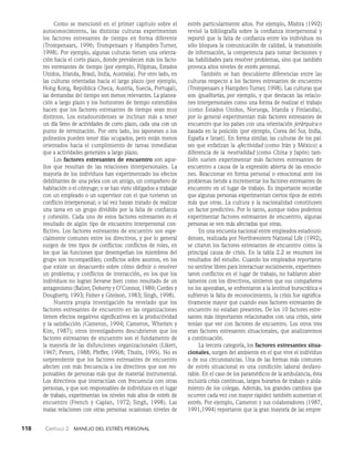118    Capítulo 2   Manejo del estrés personal
Como se mencionó en el primer capítulo sobre el
autoconocimiento, las distintas culturas experimentan
los factores estresantes de tiempo en forma diferente
(Trompenaars, 1996; Trompenaars y Hampden-Turner,
1998). Por ejemplo, algunas culturas tienen una orienta­
ción hacia el corto plazo, donde prevalecen más los facto­
res estresantes de tiempo (por ejemplo, Filipi­
nas, Estados
Unidos, Irlanda, Brasil, India, Australia). Por otro lado, en
las culturas orientadas hacia el largo plazo (por ejemplo,
Hong Kong, República Checa, Austria, Suecia, Portu­
gal),
las demandas del tiempo son menos relevantes. La planea­
ción a largo plazo y los horizontes de tiempo extendidos
hacen que los factores estresantes de tiempo sean muy
distintos. Los estadouniden­
ses se inclinan más a tener
un día lleno de actividades de corto plazo, cada una con un
punto de terminación. Por otro lado, los japoneses o los
polinesios pueden tener días ocu­
pados, pero están menos
orientados hacia el cumplimiento de tareas inmediatas
que a actividades generales a largo plazo.
Los factores estresantes de encuentro son aque­
llos que resultan de las relaciones interpersonales. La
mayoría de los individuos han experimentado los efectos
de­
bilitantes de una pelea con un amigo, un compañero de
habi­
tación o el cónyuge; o se han visto obligados a trabajar
con un empleado o un supervisor con el que tuvieron un
conflicto interpersonal; o tal vez hayan tratado de realizar
una tarea en un grupo dividido por la falta de confianza
y cohesión. Cada uno de estos factores estresantes es el
resultado de algún tipo de encuentro interpersonal con­
flictivo. Los factores estresantes de encuentro son espe­
cialmente comunes entre los directivos, y por lo general
sur­
gen de tres tipos de conflictos: conflictos de roles, en
los que las funciones que desempeñan los miembros del
grupo son incompatibles; conflictos sobre asuntos, en los
que existe un desacuerdo sobre cómo definir o resolver
un pro­
blema; y conflictos de interacción, en los que los
individuos no logran llevarse bien como resultado de un
antagonismo (Balzer, Doherty y O’Connor, 1989; Cordes y
Dougherty, 1993; Fisher y Gitelson, 1983; Singh, 1998).
Nuestra propia investigación ha revelado que los
factores estresantes de encuentro en las organizaciones
tienen efectos negativos significativos en la productividad
y la sa­
tisfacción (Cameron, 1994; Cameron, Whetten y
Kim, 1987); otros investigadores descubrieron que los
factores estresantes de encuentro son el fundamento de
la mayoría de las disfunciones organizacionales (Likert,
1967; Peters, 1988; Pfeffer, 1998; Thoits, 1995). No es
sorprendente que los factores estresantes de encuentro
afecten con más frecuencia a los directivos que son res­
ponsables de personas más que de material instrumental.
Los directivos que interactúan con frecuencia con otras
personas, y que son responsables de individuos en el lugar
de trabajo, experimentan los niveles más altos de estrés de
encuentro (French y Caplan, 1972; Singh, 1998). Las
malas relaciones con otras personas ocasionan niveles de
estrés particularmente altos. Por ejemplo, Mishra (1992)
revisó la bibliografía sobre la confianza interperso­
nal y
reportó que la falta de confianza entre los individuos no
sólo bloquea la comunicación de calidad, la transmisión
de información, la competencia para tomar decisiones y
las habilida­
des para resolver problemas, sino que también
provo­
ca altos niveles de estrés personal.
También se han descubierto diferencias entre las
cul­
turas respecto a los factores estresantes de en­
cuentro
(Trompenaars y Hampden-Turner, 1998). Las culturas que
son igualitarias, por ejemplo, y que destacan las relacio­
nes interpersonales como una forma de realizar el trabajo
(como Estados Unidos, Noruega, Irlanda y Finlandia),
por lo general experimentan más factores estresantes de
encuentro que los países con una orienta­
ción jerárquica o
basada en la posición (por ejemplo, Co­
rea del Sur, India,
España e Israel). En forma similar, las culturas de los paí­
ses que enfatizan la afectividad (como Irán y México) a
diferencia de la neutralidad (como China y Japón) tam­
bién suelen experimentar más factores estresantes de
encuentro a causa de la expresión abierta de las emocio­
nes. Reaccionar en forma personal o emocional ante los
problemas tiende a incrementar los factores estresantes de
encuentro en el lugar de trabajo. Es importante recordar
que algu­
nas personas experimentan ciertos tipos de estrés
más que otras. La cultura y la nacionalidad constituyen
un factor predictivo. Por lo tanto, aunque todos podemos
experimentar factores estresantes de encuentro, algunas
personas se ven más afectadas que otras.
En una encuesta nacional en­
tre empleados estadouni­
denses, realizada por Northwestern National Life (1992),
se citaron los factores estresantes de encuentro como la
principal causa de crisis. En la tabla 2.2 se resumen los
resultados del estudio. Cuando los empleados reportaron
no sentirse libres para interactuar social­
mente, experimen­
taron conflictos en el lugar de trabajo, no hablaron abier­
tamente con los directivos, sintieron que sus compañeros
no los apoyaban, se enfrentaron a la lentitud burocrática o
sufrieron la falta de reconocimiento, la crisis fue significa­
tivamente mayor que cuando esos factores estresantes de
encuentro no estaban presentes. De los 10 factores estre­
santes más importantes relacionados con una crisis, siete
tenían que ver con factores de encuentro. Los otros tres
eran factores estresantes situacionales, que analiza­
remos
a continuación.
La tercera categoría, los factores estresantes situa­
cionales, surgen del ambiente en el que vive el individuo
o de sus circunstancias. Una de las formas más comunes
de estrés situacional es una condición laboral desfavo­
rable. En el caso de los paramédicos de la ambulancia, ésta
incluiría crisis continuas, largos horarios de trabajo y aisla­
miento de los colegas. Además, los grandes cambios que
ocurren cada vez con mayor rapidez también aumentan el
estrés. Por ejemplo, Cameron y sus colabora­
dores (1987,
1991,1994) reportaron que la gran mayo­
ría de las empre­
 