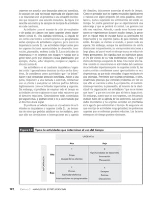 122    Capítulo 2   Manejo del estrés personal
Figura 2.4 Tipos de actividades que determinan el uso del tiempo
urgen­
tes son aquellas que demandan atención inmediata.
Se asocian con una necesidad expresada por alguien más
o se relacionan con un problema o una situación incómo­
dos que requieren una solución inmediata. La figura 2.4
describe esta matriz y da ejemplos de los tipos de actividades
en cada cuadrante.
Actividades como el manejo de crisis de empleados
o de quejas de clientes son tanto urgentes como impor­
tantes (cel­
da 1). Una llamada telefónica, la llegada de
un correo electrónico o interrupciones no programadas
serían ejemplos de actividades urgentes, pero quizá sin
importancia (celda 2). Las actividades importantes pero
no urgentes incluyen oportunidades de desarrollo, inno­
vación, planeación, etcétera (celda 3). Las actividades sin
importancia y no urgentes son escapes y rutinas que la
gente tiene, pero que producen escasa gratificación: por
ejemplo, charlar, soñar despierto, reorganizar papeles o
discutir (celda 4).
Las actividades en el cuadrante importantes/urgen­
tes (celda 1) generalmente dominan las vidas de los direc­
tivos. Se consideran como actividades que “se deben”
hacer y que demandan atención inmediata. Asistir a una
junta, responder a una llamada o solicitud, interactuar
con un cliente o completar un informe podrían definirse
legítimamente como actividades importantes y urgentes.
Sin embargo, el problema de emplear todo el tiempo en
actividades de este cuadrante es que todas requieren que
el directivo reaccione. Generalmente están controladas
por alguien más, y podrían llevar o no a un resultado que
el directivo desea lograr.
El problema es todavía mayor en el cuadrante de acti­
vidades no importantes y urgentes (celda 2). Las deman­
das de otros que podrían satisfacer sus necesidades, pero
que sólo son desviaciones o interrupciones en la agenda
del di­
rectivo, únicamente aumentan el estrés de tiempo.
Co­
mo es probable que no logren resultados significativos
o valiosos con algún propósito (en otras palabras, impor­
tantes), nunca superarán los sentimientos del estrés de
tiempo. Se podría garantizar que se experimentará una
sobrecarga y que se perderá el control. Los gerentes tan
sólo son reacti­
vos. Además, cuando estos factores estre­
santes se experimentan durante mucho tiempo, la gente
por lo regular trata de escapar hacia las actividades no
im­
portantes y no urgentes (celda 4) para liberarse del
estrés. Escapan, se cierran al mundo, o ponen todo en
espera. Sin embargo, aunque los sentimientos de estrés
disminuyan temporalmen­
te, no se emprenden soluciones a
largo plazo, así que el estrés de tiempo nunca se reduce de
forma permanente. Eso significa que los individuos pasan
el 95 por ciento de su vida enfrentando crisis, y 5 por
ciento del tiempo escapando de éstas. Una mejor alterna­
tiva consiste en concentrarse en actividades del cuadrante
de actividades importantes pero no urgentes (celda 3), las
cuales podrían considerarse como oportunidades en vez
de problemas, ya que están orientadas a lograr resultados de
alta priori­
dad. Previenen que ocurran problemas, o bien,
desarrollan pro­
cesos que eliminan problemas en vez de
que sólo se reaccione a ellos. La preparación, el manteni­
miento preventivo, la planeación, el fomento de la elasti­
cidad y la organización son actividades “que no se tienen
que hacer”, y que son cruciales para el éxito a largo plazo.
Sin embargo, puesto que no son urgentes, con frecuencia
quedan fuera de la agenda de los directivos. Las activi­
dades importantes y no urgentes deberían ser prioritarias
en la agenda para administrar el tiempo. Al asegurarse de
que este tipo de actividades tenga prioridad, los proble­
mas
urgentes que se enfrentan pueden reducirse. Los factores
estresantes de tiempo pueden eliminarse.
URGENCIA
IMPORTANCIA
Alta
Alta
Baja
Baja
1
Crisis
Quejas de los clientes
3
Oportunidades de desarrollo
Innovación
Planeación
2
Correo
Llamada telefónica
Interrupciones no programadas
4
Escapes
Rutinas
Discusiones
 