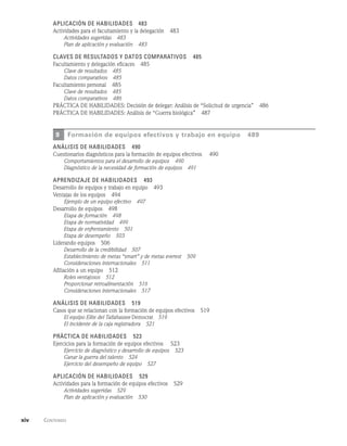 xiv    Contenido  
Aplicación de habilidades   483
Actividades para el facultamiento y la delegación   483
Actividades sugeridas   483
Plan de aplicación y evaluación   483
Claves de resultados y datos comparativos   485
Facultamiento y delegación eficaces   485
Clave de resultados   485
Datos comparativos   485
Facultamiento personal   485
Clave de resultados   485
Datos comparativos   486
PRÁCTICA DE HABILIDADES: Decisión de delegar: Análisis de “Solicitud de urgencia”   486
PRÁCTICA DE HABILIDADES: Análisis de “Guerra biológica”   487
9 Formación de equipos efectivos y trabajo en equipo   489
Análisis de habilidades   490
Cuestionarios diagnósticos para la formación de equipos efectivos    490
Comportamientos para el desarrollo de equipos   490
Diagnóstico de la necesidad de formación de equipos   491
Aprendizaje de habilidades   493
Desarrollo de equipos y trabajo en equipo   493
Ventajas de los equipos   494
Ejemplo de un equipo efectivo   497
Desarrollo de equipos   498
Etapa de formación   498
Etapa de normatividad   499
Etapa de enfrentamiento   501
Etapa de desempeño   503
Liderando equipos   506
Desarrollo de la credibilidad   507
Establecimiento de metas “smart” y de metas everest   509
Consideraciones internacionales   511
Afiliación a un equipo   512
Roles ventajosos   512
Proporcionar retroalimentación   516
Consideraciones internacionales   517
Análisis de habilidades   519
Casos que se relacionan con la formación de equipos efectivos   519
El equipo Elite del Tallahassee Democrat 519
El incidente de la caja registradora   521
Práctica de habilidades   523
Ejercicios para la formación de equipos efectivos    523
Ejercicio de diagnóstico y desarrollo de equipos   523
Ganar la guerra del talento   524
Ejercicio del desempeño de equipo   527
Aplicación de habilidades   529
Actividades para la formación de equipos efectivos   529
Actividades sugeridas   529
Plan de aplicación y evaluación   530
 