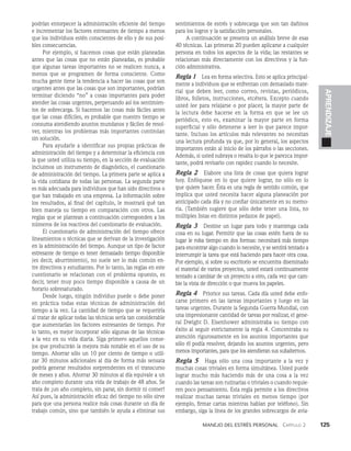 Manejo del estrés personal   Capítulo 2    125
APRENDIZAJE
podrían entorpecer la administración eficiente del tiempo
e incre­
mentar los factores estresantes de tiempo a menos
que los individuos estén conscientes de ello y de sus posi­
bles consecuencias.
Por ejemplo, si hacemos cosas que están planeadas
antes que las cosas que no están planeadas, es probable
que algunas tareas importantes no se realicen nunca, a
menos que se programen de forma consciente. Como
mucha gente tiene la tendencia a hacer las cosas que son
urgentes antes que las cosas que son importantes, podrían
terminar diciendo “no” a cosas importantes para poder
atender las cosas urgentes, perpetuando así los sentimien­
tos de sobrecarga. Si hacemos las cosas más fáciles antes
que las cosas difíciles, es probable que nuestro tiempo se
consuma atendiendo asuntos mundanos y fáciles de resol­
ver, mientras los problemas más importantes continúan
sin solución.
Para ayudarle a identificar sus propias prácticas de
administración del tiempo y a determinar la eficiencia con
la que usted utiliza su tiempo, en la sección de evaluación
incluimos un instrumento de diagnóstico, el cuestionario
de administración del tiempo. La primera parte se aplica a
la vida cotidiana de todas las personas. La segunda parte
es más adecuada para individuos que han sido directivos o
que han trabajado en una empresa. La información sobre
los resultados, al final del capítulo, le mostrará qué tan
bien maneja su tiempo en comparación con otros. Las
reglas que se plantean a continuación corresponden a los
números de los reactivos del cuestionario de evaluación.
El cuestionario de administración del tiempo ofrece
lineamientos o técnicas que se derivan de la investigación
en la administración del tiempo. Aunque un tipo de factor
estresante de tiempo es tener demasiado tiempo disponible
(es decir, aburrimiento), no suele ser lo más común en-
tre directivos y estudiantes. Por lo tanto, las reglas en este
cuestionario se relacionan con el problema opuesto, es
decir, tener muy poco tiempo disponible a causa de un
horario sobresaturado.
Desde luego, ningún individuo puede o debe poner
en práctica todas estas técnicas de administración del
tiempo a la vez. La cantidad de tiempo que se requeriría
al tratar de aplicar todas las técnicas sería tan considerable
que aumentarían los factores estresantes de tiempo. Por
lo tanto, es mejor incorporar sólo algunas de las técnicas
a la vez en su vida diaria. Siga primero aquellos conse­
jos que producirán la mejora más notable en el uso de su
tiempo. Ahorrar sólo un 10 por ciento de tiempo o utili­
zar 30 minutos adicionales al día de forma más sensata
podría generar resultados sorprendentes en el transcurso
de meses y años. Ahorrar 30 minutos al día equivale a un
año completo durante una vida de trabajo de 48 años. Se
trata de ¡un año completo, sin parar, sin dormir ni comer!
Así pues, la administración eficaz del tiempo no sólo sirve
para que una persona realice más cosas durante un día de
trabajo común, sino que también le ayuda a eliminar sus
sentimientos de estrés y sobrecarga que son tan dañinos
para los logros y la satisfacción personales.
A continuación se presenta un análisis breve de esas
40 técnicas. Las primeras 20 pueden aplicarse a cualquier
persona en todos los aspectos de la vida; las restantes se
relacionan más directamente con los directivos y la fun­
ción administrativa.
Regla 1 Lea en forma selectiva. Esto se aplica principal­
mente a individuos que se enfrentan con demasiado mate­
rial que deben leer, como correo, revistas, periódicos,
libros, folletos, instrucciones, etcétera. Excepto cuando
usted lee para relajarse o por placer, la mayor parte de
la lectura debe hacerse en la forma en que se lee un
periódico, esto es, examinar la mayor parte en forma
superficial y sólo de­
tenerse a leer lo que parece impor­
tante. Incluso los artícu­
los más relevantes no necesitan
una lectura profunda ya que, por lo general, los aspectos
importantes están al ini­
cio de los párrafos o las secciones.
Además, si usted subraya o resalta lo que le parezca impor­
tante, podrá revisarlo con rapidez cuando lo necesite.
Regla 2 Elabore una lista de cosas que quiera lograr
hoy. Enfóquese en lo que quiere lograr, no sólo en lo
que quie­
re hacer. Ésta es una regla de sentido común, que
implica que usted necesita hacer alguna planeación por
anticipa­
do cada día y no confiar únicamente en su memo­
ria. (También sugiere que sólo debe tener una lista, no
múltiples listas en distintos pedazos de papel).
Regla 3   Destine un lugar para todo y mantenga cada
cosa en su lugar. Permitir que las cosas estén fuera de su
lugar le roba tiempo en dos formas: necesitará más tiem­
po
para encontrar algo cuando lo necesite, y se sentirá tentado a
interrumpir la tarea que está haciendo para hacer otra cosa.
Por ejemplo, si sobre su escritorio se encuentra diseminado
el material de varios proyectos, usted estará continuamente
tentado a cambiar de un proyecto a otro, cada vez que cam­
bie la vista de dirección o que mueva los papeles.
Regla 4 Priorice sus tareas. Cada día usted debe enfo­
carse primero en las tareas importantes y luego en las
tareas urgentes. Durante la Segunda Guerra Mundial, con
una impresionante cantidad de tareas por realizar, el gene­
ral Dwight D. Eisenhower administraba su tiempo con
éxito al seguir estrictamente la regla 4. Concentraba su
atención rigurosamente en los asuntos importantes que
só­
lo él podía resolver, dejando los asuntos urgentes, pero
me­
nos importantes, para que los atendieran sus subalternos.
Regla 5   Haga sólo una cosa importante a la vez y
mu­
chas cosas triviales en forma simultánea. Usted puede
lograr mucho más haciendo más de una cosa a la vez
cuan­
do las tareas son rutinarias o triviales o cuando requie­
ren poco pensamiento. Esta regla permite a los directivos
realizar muchas tareas triviales en menos tiempo (por
ejemplo, firmar cartas mientras hablan por teléfono). Sin
embargo, siga la línea de los grandes sobrecargos de avia­
 