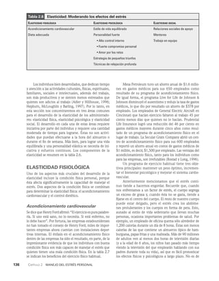 136    Capítulo 2   Manejo del estrés personal
Los individuos bien desarrollados, que dedican tiempo
y atención a las actividades culturales, físicas, espirituales,
familiares, sociales e intelectuales, además del trabajo,
son más productivos y se sienten menos estresados que
quienes son adictos al trabajo (Adler y Hillhouse, 1996;
Hepburn, McLoughlin y Barling, 1997). Por lo tanto, en
esta sec­
ción nos concentraremos en tres áreas comunes
para el desarrollo de la elasticidad de los administrado­
res: elasticidad física, elasticidad psicológica y elasticidad
social. El desarrollo en cada una de estas áreas requiere
iniciativa por parte del individuo y requiere una cantidad
moderada de tiempo para lograrse. Éstas no son activi­
dades que puedan efectuarse a la hora del al­
muerzo o
durante el fin de semana. Más bien, para lograr una vida
equilibrada y una personalidad elástica se necesita de ini­
ciativa y esfuerzo continuos. Los componentes de la
elas­
ticidad se resumen en la tabla 2.6.
ELASTICIDAD FISIOLÓGICA
Uno de los aspectos más cruciales del desarrollo de la
elasticidad incluye la condición física personal, porque
és­
ta afecta significativamente la capacidad de manejar el
estrés. Dos aspectos de la condición física se combinan
para determinar la elasticidad física: el acondicionamiento
cardiovascular y el control dietético.
Acondicionamiento cardiovascular
Se dice queHenry Fordafirmó: “El ejercicioespura palabre­
ría. Si uno está sano, no lo necesita. Si está enfermo, no
lo debe hacer”. Por fortuna, las empresas estadou­
nidenses
no han tomado el consejo de Henry Ford; miles de impor­
tantes empresas ahora cuentan con instalaciones depor­
tivas internas. El énfasis en el acondicionamiento físico
dentro de las empresas ha sido el resultado, en parte, de la
impresionante evidencia de que los individuos con buena
condición física son más capaces de manejar el estrés que
quienes tienen una mala condición física. En la tabla 2.7
se indican los beneficios del ejercicio físico habitual.
Mesa Petroleum tuvo un ahorro anual de $1.6 millo­
nes en gastos médicos para sus 650 empleados como
resultado de su programa de acondicio­
namiento físico.
De igual forma, el programa Live for Life de Johnson 
Johnson disminuyó el ausentismo y redujo la tasa de gastos
médicos, lo que dio por resultado un ahorro de $378 por
empleado. Los empleados de General Electric Aircraft en
Cincinnati que hacían ejercicio faltaron al trabajo 45 por
ciento menos días que quienes no lo hacían. Prudential
Life Insurance logró una reducción del 46 por ciento en
gastos médicos mayores durante cinco años como resul­
tado de un programa de acondicionamiento físico en el
lugar de trabajo. La Secular Grain Company abrió un cen­
tro de acondicionamiento físico para sus 600 empleados
y reportó un ahorro anual en costos de gastos médicos de
$1 millón, es decir, $1,500 por empleado. Las ventajas del
acondicionamiento físico, tanto para los individuos como
para las empresas, son irrefutables (Rostad y Long, 1996).
Un programa de ejercicio habitual tiene tres obje­
tivos principales: mantener un peso óptimo, incremen­
tar el bienestar psicológico y mejorar el sistema cardio­
vascular.
Anteriormente mencionamos que el estrés conti­
nuo tiende a hacernos engordar. Recuerde que, cuando
nos en­
frentamos a un factor de estrés, el cuerpo segrega
un exceso de grasa y, cuando ésta no se gasta, tiende a
fijar­
se en el centro del cuerpo. El resto de nuestro cuerpo
puede estar delgado, pero el estrés crea los abdóme­
nes protuberantes y los cuerpos en forma de pera. Esto,
aunado al estilo de vida sedentario que llevan muchas
personas, ocasiona importantes problemas de salud. Por
ejemplo, un empleado de oficina quema sólo alrededor de
1,200 calorías durante un día de 8 horas. Éstas son menos
calorías de las que contiene un almuerzo típico de ham­
burguesa, pa­
pas fritas y una malteada. Más de 90 millones
de adultos ven al menos dos horas de televisión diarias
(y a la edad de 6 años, los niños han pasado más tiempo
viendo la te­
levisión del que emplearán hablando con sus
padres du­
rante toda su vida), así que es fácil pronosticar
los efectos físicos y psicológicos a largo plazo. No es de
Tabla 2.6   Elasticidad: Moderando los efectos del estrés
Elasticidad fisiológica	Elasticidad psicológica	Elasticidad social
Acondicionamiento cardiovascular Estilo de vida equilibrado Relaciones sociales de apoyo
Dieta adecuada Personalidad fuerte Mentores
	   • Alto control interno Trabajo en equipo
	   • Fuerte compromiso personal
	   • Amor por los retos
Estrategia de pequeños triunfos
Técnicas de relajación profunda
 