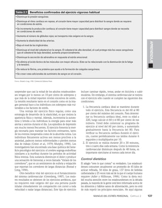 Manejo del estrés personal   Capítulo 2    137
APRENDIZAJE
sorprender que casi la mitad de los adultos estadouniden­
ses tengan por lo menos un 10 por ciento de sobrepeso y
que más de la mi­
tad reporten niveles excesivos de estrés.
La tensión resul­
tante tanto en el corazón como en la ima­
gen personal hace a los individuos con sobrepeso más vul­
nerables a los factores de estrés.
Una ventaja del ejercicio físico regular, como una
estrategia de desarrollo de la elasticidad, es que mejora la
apariencia física y mental. Además, incrementa la autoes­
tima y brinda a los individuos la energía para estar más
alertas y atentos durante el día. Los episodios de de­
presión
son mucho menos frecuentes. El ejercicio fomen­
ta la ener­
gía necesaria para manejar los factores estresantes, tanto
de los eventos inesperados como de la aburrida rutina. Los
individuos físicamente activos son menos proclives a la
ansiedad, padecen menos enfermedades y pierden menos
días de trabajo (Griest et al., 1979; Murphy, 1996). Los
inves­
tigadores han encontrado una base química del bene­
ficio psicológico del ejercicio: el cerebro segrega endorfinas
(si­
milares a la morfina) durante los periodos de activi­
dad
física intensa. Esta sustancia disminuye el dolor y produce
una sensación de bienestar, a veces llamada “éxtasis de los
corredores”, que es un sentimiento de euforia y relajación
que reportan los corredores de largas distancias (Rostad y
Long, 1996).
Otro beneficio vital del ejercicio es el fortalecimiento
del sistema cardiovascular (Greenberg, 1987). Los mejo­
res resultados se obtienen de los ejercicios aeróbicos, que
no re­
quieren más oxígeno del que una persona puede
inhalar cómodamente (en comparación con correr a toda
velocidad o nadar largas distancias). Este tipo de ejercicio
incluye caminar rápido, trotar, andar en bicicleta o subir
escale­
ras. Sin embargo, el sistema cardiovascular se mejora
con el ejercicio sólo cuando se cumplen las siguientes dos
condiciones:
1. La frecuencia cardiaca ideal se mantiene durante
todo el ejercicio. Esta frecuencia es del 60 al 80
por ciento del máximo del corazón. Para determi­
nar su frecuencia cardiaca ideal, reste su edad a
220, luego calcule el 60 y el 80 por cien­
to de ese
número. Usted debe comenzar su pro­
grama de
ejercicio al nivel del 60 por ciento, y au­
mentarlo
gradualmente hasta la frecuencia del 80. Para
verificar su frecuencia cardiaca du­
rante el ejerci­
cio, cuente periódicamente sus lati­
dos durante 6
segundos y multiplíquelos por 10.
2. El ejercicio se realiza durante 20 o 30 minutos,
tres o cuatro días cada semana. Como la resistencia
cardiovascular disminuye después de 48 horas, es
importante ejercitarse al menos cada tercer día.
Control dietético
El adagio “eres lo que comes” es verdadero. Los estadouni­
denses con­
sumen anualmente un promedio de 45 kilos de
azúcar refinada, 56 kilos de grasa, 137 litros de bebidas
carbona­
tadas y 25 veces más sal de la que el cuerpo humano
re­
quiere (Adler y Hillhouse, 1996). Como la dieta reci-
bió mucha atención entre los estadounidenses en la década
pasada, la mayoría de la gente está bien informada acerca de
los alimentos y hábitos sanos de alimentación, pero no está
de más repetir los principios esenciales. He aquí algunas
Tabla 2.7   Beneficios confirmados del ejercicio vigoroso habitual
• Disminuye la presión sanguínea.
• 
Disminuye el ritmo cardiaco en reposo, el corazón tiene mayor capacidad para distribuir la sangre donde se requiere
en condiciones de estrés.
• 
Se incrementa la producción cardiaca; el corazón tiene mayor capacidad para distribuir sangre donde se necesita
en condiciones de estrés.
• Aumenta el número de glóbulos rojos; se transporta más oxígeno en la sangre.
• Aumenta la elasticidad de las arterias.
• Baja el nivel de los triglicéridos.
• Disminuye el nivel del colesterol en la sangre. El colesterol de alta densidad, el cual protege más los vasos sanguíneos
que el colesterol de baja densidad, aumenta proporcionalmente.
• Disminuye la secreción de adrenalina en respuesta al estrés emocional.
• Se elimina el ácido láctico de los músculos con mayor eficacia. (Esto se ha relacionado con la disminución de la fatiga
y la tensión).
• Se reduce la fibrina, una proteína que ayuda a la formación de coágulos sanguíneos.
• Se crean rutas adicionales de suministro de sangre en el corazón.
Fuente: Rostad y Long, 1996. Cortesía de Edizione Posse.
 