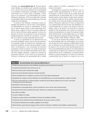 140    Capítulo 2   Manejo del estrés personal
conocida como personalidad tipo A. Durante más de
cuatro décadas, los científicos han conocido la existencia
de un vínculo entre ciertos atributos de la personalidad
y los problemas conductuales, psicológicos y fi­
siológicos
relacionados con el estrés, como la ansiedad, el dete­
rioro en las relaciones y las enfermedades del corazón
(Friedman y Rosenman, 1974). En la tabla 2.8 se resumen
los principales atributos de la personalidad tipo A que han
surgido de la investigación.
La forma en que Friedman y Rosenman (ambos car­
diólogos) descubrieron el vínculo entre la personalidad y
las enfermedades de corazón es sorprendente. Al notar
que su sala de espera estaba un poco deteriorada, deci­
dieron volver a tapizar las sillas. El decorador señaló que
sólo los bordes frontales estaban gastados. Entonces los
doctores de pronto se percataron de que los pacientes
estaban literalmente “al borde de la situación”, y se senta­
ban en la orilla de las sillas, preparados para la acción.
Al hacer un seguimiento de sus observaciones con
entre­
vistas detalladas, notaron que muchos de sus pacien­
tes mostraban señales de impaciencia y hostilidad, como
inquietud, parpadeos, muecas, discur­
sos rápidos y explo­
sivos e interrupciones, y que terminaban las oraciones
incompletas durante las pausas. Los estilos de personali­
dad opuestos, a los que habían denominado tipo B, pare­
cían más relajados, pacientes y capaces de escuchar sin
interrumpir. Más del 15 por ciento de los pacientes de
Friedman y Rosenman con personalidad tipo A habían
sufrido ataques al corazón, comparados con el 7 por
ciento de los tipos B.
Investigaciones posteriores descubrieron que en
Esta­
dos Unidos aproximadamente el 70 por ciento de
los hombres y el 50 por ciento de las mujeres muestran
ca­
racterísticas de la personalidad tipo A, como competi­
tividad extrema, fuertes deseos de logro, prisa, impacien­
cia, inquietud, estado de alerta extrema, discurso explo­
sivo, tensión de los músculos faciales, hostilidad flotante,
etcétera. Ro­
senman sugirió que el enojo, la impaciencia
y la competi­
tividad eran los factores más debilitantes en
la personali­
dad tipo A, aunque otros factores como hos­
tilidad, culpar a los demás y la sensación de urgencia
también se han identificado como causas de la secreción
continua de adrenali­
na en el cuerpo. Sin importar el ingre­
diente fundamental, la personalidad tipo A es un factor
de alto riesgo para el bienestar personal (Friedman, 1996;
Siegman y Smith, 1994; William y Williams, 1998).
En uno de los estudios más extensos de los efectos
de la personalidad sobre las enfermedades del corazón,
una encuesta de 8 años realizada a 3,400 hombres reveló
que los individuos con personalidad tipo A en el grupo
de edad de 39 a 49 años tenían aproximadamen­
te 6.5
veces más probabilidades de padecer una enferme­
dad del
corazón que los del tipo B. Aun cuando no se tomaron en
cuenta factores como el tabaquismo, el historial médico
familiar, la presión sanguínea y los niveles de colesterol,
la personalidad tipo A implicó un riesgo de dos a tres
Tabla 2.8   Características de la personalidad tipo A
• Señales de tensión personal, como mandíbulas apretadas, músculos tensos, tics nerviosos.
• Compromiso personal por tener, antes que por ser.
• Falta de conciencia de un entorno más amplio.
• Ignorancia de los elementos externos a la tarea inmediata.
• Fuerte necesidad de ser un experto en un tema; de otro modo, falta de participación.
• Compulsión por competir con otros individuos con personalidad tipo A, en vez de entenderlos y cooperar con ellos.
• 
Discurso caracterizado por un énfasis explosivo, aceleración de las últimas palabras de una oración; reacciones
de impaciencia si se le interrumpe.
• Sentimiento crónico de tener prisa.
• Pensamientos y actos polifacéticos, es decir, la tendencia a hacer varias cosas al mismo tiempo.
• Impaciencia ante el ritmo normal de los eventos. Tendencia a completar las oraciones de los demás.
• Hace todo con rapidez.
• Se siente culpable si se relaja.
• Tendencia a evaluar todas las actividades en términos de resultados medibles.
• Creencia de que los atributos de la personalidad tipo A son los que conducen al éxito.
• Frecuentes movimientos de las rodillas o golpeteo con los dedos.
• Determinación a ganar todos los juegos, incluso cuando se enfrentan a individuos menos hábiles o experimentados.
 