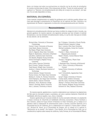 xx    Prefacio
diata y en tiempo real sobre sus puntuaciones en relación con las de miles de estudiantes
de nuestra creciente base de datos. (Dos evaluaciones del libro, “Fuente de estrés personal”, del
capítulo 2, y “Ejercicio de retroalimentación del reflejo de lo mejor de uno mismo”, del capí-
tulo 10, no están disponibles en línea).
MATERIAL EN ESPAÑOL
Como material complementario en español los profesores que lo soliciten pueden obtener una
clave para descargar la presentación en PowerPoint de los capítulos del libro. Solicítelo a un
representante de Pearson o ingresando a la dirección www.pearsoneducacion.net/whetten.
Reconocimientos
Además de la retroalimentación informal que hemos recibido de colegas de todo el mundo, nos
gustaría agradecer de manera especial a las siguientes personas que han revisado el material
formalmente y nos han brindado retroalimentación valiosa, lo cual ha sido vital para la revisión
de esta edición y de las anteriores:
Richard Allan, University of Tennessee-
Chattanooga
Forrest F. Aven, University of Houston
Lloyd Baird, Boston University
Bud Baker, Wright State University
John D. Bigelow, Boise State University
Ralph R. Braithwaite, University of Hartford
Julia Britt, California State University
Tim Bothell, Brigham Young University
David Cherrington, Brigham Young
University
John Collins, Syracuse University
Kerri Crowne, Temple University
Todd Dewett, Wright State University
Andrew J. Dubrin, Rochester Institute of
Technology
Steven Edelson, Temple University
Norma Givens, Fort Valley State University
Barbara A. Gorski, St. Thomas University
David Hampton, San Diego State University
Stanley Harris, Auburn University
Richard E. Hunt, Rockhurst College
Daniel F. Jennings, Baylor University
Avis L. Johnson, University of Akron
Jay T. Knippen, University of South Florida
Roland Kushner, Lafayette College
Roy J. Lewicki, Ohio State University
Michael Lombardo, Center for Creative
Leadership
Charles C. Manz, University of
Massachusetts-Amherst
Ralph F. Mullin, Central Missouri State
University
Thomas J. Naughton, Wayne State
University
J. Randolph New, University of Richmond
Jon L. Pierce, University of Minnesota
–Duluth
Lyman Porter, University of California
–Irvine
Lyle F. Schoenfeldt, Appalachian State
University
Jacop P. Siegel, University of Toronto
Charles Smith, Hofstra University
Noel M. Tichy, University of Michigan
Wanda V. Trenner, Ferris State University
Ulya Tsolmon, Brigham Young University
Kenneth M. York, Oakland University
De manera especial, agradecemos a nuestros colaboradores que realizaron las adaptaciones
del libro para los mercados europeo y australiano, así como a quienes tradujeron Desarrollo de
habilidades directivas al español, ruso, chino y holandés.
Estamos agradecidos por la ayuda recibida de muchos asociados dedicados a la ampliación
y mejora continuas de Desarrollo de habilidades directivas, incluyendo a Nancy Keesham y
Don Clement, ambos de Fuqua School of Business en Duke University, por su trabajo en el
apéndice sobre la elaboración de presentaciones orales y escritas; Gretchen Spreitzer, de la
Universidad del Sur de California, por su colaboración en el capítulo 5,“Ganar poder e influen-
cia”; Richard M. Steers, de la Universidad de Oregon, por su trabajo en el capítulo 6,
“Motivación de los demás”; Pat Seybolt y Troy Nielsen, de la Universidad de Utah, por su
contribución al capítulo sobre manejo de conflictos; Cathy German, de la Universidad de Miami,
 
