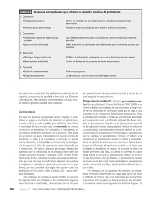 186    Capítulo 3   Solución analítica y creativa de problemas
de constancia son el pensamiento vertical y el uso de un
solo lenguaje de pensamiento.
Pensamiento vertical El término pensamiento ver­
tical fue acuñado por Edward de Bono (1968, 2000) y se
refiere a definir un pro­
blema de una sola forma y luego con­
servar esa defini­
ción sin desviación hasta que se llega a una
solución; no se consideran definiciones alternativas. Toda
la informa­
ción reunida y todas las alternativas gene­
radas
son congruentes con la definición original. De Bono com­
paró el pensamiento lateral con el pensamiento vertical
en las siguientes formas: el pensamiento vertical se enfoca en
la continuidad, el pensamiento lateral se enfoca en la dis­
continuidad; el pensamiento vertical elige, el pensamien­
to
lateral cambia; el pensamiento vertical se refiere a la
estabilidad, el pensamiento lateral se refiere a la inestabi­
lidad; el vertical busca lo que es correcto, el lateral busca
lo que es diferente; el vertical es analítico, en tanto que
el lateral es desafiante; el vertical se interesa en saber de
dónde proviene una idea, el lateral se interesa en saber
hacia dónde va la idea; el pensamiento vertical se mueve
en las direcciones más probables, el pensamiento lateral
se mueve en la dirección menos probable; el pensamiento
vertical desarrolla una idea, el pensamiento lateral descu­
bre la idea.
Por ejemplo, en la búsqueda de petróleo, los pensa­
dores verticales determinan un lugar para cavar un pozo
y perforan el terreno cada vez más hasta que encuentran
el petróleo. Por su parte, al buscar petróleo, los pensado­
res laterales cavan varios agujeros en distintos lugares. El
los ejercicios y solucione los problemas conforme lea el
capítulo, porque esto le ayudará a descubrir sus bloqueos
conceptuales. Más adelante comentaremos con más deta­
lle cómo se pueden superar esos bloqueos.
Constancia
Un tipo de bloqueo conceptual ocurre cuando el indi­
viduo se apega a una forma de observar un problema o
cuando utiliza un solo modelo para definirlo, describirlo
o resolverlo. Es fácil ver por qué la constancia es común
al resolver un problema. Ser constante, o consistente, es
un atributo al­
tamente valorado por la mayoría. Nos gusta
ser al menos un poco consistentes en nuestra forma de
enfrentar la vida, y la constancia a menudo se asocia
con la madurez, la honestidad e incluso con la inteligen­
cia. Juzga­
mos la falta de constancia como desconfian­
za
e insensatez. De hecho, algunos psicólogos destacados
plantean que la constancia es el princi­
pal motivador del
comportamiento humano (Festinger, 1957; Heider, 1946;
Newcomb, 1954). Muchos estudios psicológicos demues­
tran que una vez que los individuos adoptan una postura
o emplean un método en particular para resolver un pro­
blema, es muy probable que sigan ese mismo curso sin
desviación en el futuro (véase Cialdini, 2001, para ejem­
plos múltiples).
Sin embargo, la constancia puede inhibir la solución
de algunos tipos de problemas. La consistencia algunas
veces elimina la creatividad. Dos ejemplos de un blo­
queo
Tabla 3.3   Bloqueos conceptuales que inhiben la solución creativa de problemas
1. Constancia
• Pensamiento vertical
• Un lenguaje de pensamiento
Definir un problema en una sola forma sin considerar puntos de vista
alternativos.
No utilizar más de un lenguaje para definir y evaluar el problema.
2. Compromiso
• 
Estereotipo basado en experiencias
pasadas
• Ignorancia de similitudes

Los problemas presentes sólo se consideran como variantes de problemas
pasados.
Fallar al percibir las similitudes entre elementos que inicialmente parecen ser
distintos.
3. Reducción
• Distinguir la figura del fondo
• Restricciones artificiales
No filtrar la información irrelevante o encontrar la información necesaria.
Definir los límites de un problema de forma muy estrecha.
4. Pasividad
• Falta de cuestionamiento
• Falta de pensamiento
No hacer preguntas.
Un sesgo hacia la actividad en vez del trabajo mental.
 
