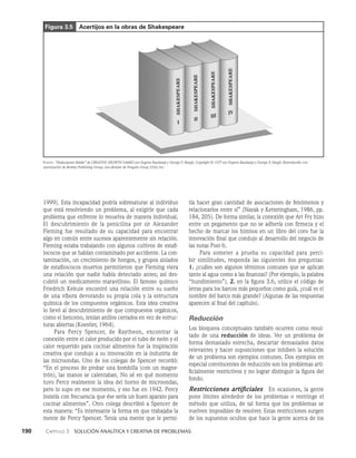 190    Capítulo 3   Solución analítica y creativa de problemas
tía hacer gran cantidad de asociaciones de fenómenos y
relacionarlos entre sí” (Nayak y Ketteringham, 1986, pp.
184, 205). De forma simi­
lar, la conexión que Art Fry hizo
entre un pegamento que no se adhería con firmeza y el
hecho de marcar los himnos en un libro del coro fue la
innovación final que condujo al desarro­
llo del negocio de
las notas Post-It.
Para someter a prueba su capacidad para perci­
bir similitu­
des, responda las siguientes dos preguntas:
1. ¿cuáles son algunos términos comunes que se aplican
tanto al agua como a las finanzas? (Por ejemplo, la palabra
“hundimiento”). 2. en la figura 3.6, utilice el código de
letras para los barcos más pequeños como guía, ¿cuál es el
nombre del barco más grande? (Algunas de las respuestas
aparecen al final del capítulo).
Reducción
Los bloqueos conceptuales también ocurren como resul­
tado de una reducción de ideas. Ver un problema de
forma demasiado estrecha, descartar demasiados datos
relevantes y hacer suposiciones que inhiben la solución
de un problema son ejemplos comunes. Dos ejemplos en
especial convincentes de reducción son los problemas arti­
ficialmente restrictivos y no lograr distinguir la figura del
fondo.
Restricciones artificiales   En ocasiones, la gente
pone límites alrededor de los problemas o restringe el
método que utiliza, de tal forma que los problemas se
vuelven imposibles de resolver. Estas restricciones surgen
de los supuestos ocultos que hace la gente acerca de los
1999). Esta incapacidad podría sobresaturar al individuo
que está resolviendo un problema, al exigirle que cada
problema que enfrente lo resuelva de manera individual.
El descubrimiento de la penicilina por sir Alexander
Fleming fue re­
sultado de su capacidad para encontrar
algo en común entre sucesos aparentemente sin relación.
Fleming estaba trabajando con algunos cultivos de estafi­
lococos que se habían contaminado por accidente. La con­
taminación, un crecimien­
to de hongos, y grupos aislados
de estafilococos muertos permitieron que Fleming viera
una relación que nadie había detectado antes; así des­
cubrió un medicamento maravilloso. El famoso químico
Friedrich Kekule encontró una rela­
ción entre su sueño
de una víbora devorando su propia co­
la y la estructura
química de los compuestos orgánicos. Esta idea creativa
lo llevó al descubrimiento de que compuestos orgánicos,
como el benceno, tenían anillos cerra­
dos en vez de estruc­
turas abiertas (Koestler, 1964).
Para Percy Spencer, de Raytheon, encontrar la
conexión entre el calor producido por el tubo de neón y el
calor requerido para cocinar alimentos fue la inspiración
creativa que condujo a su innovación en la industria de
las microondas. Uno de los colegas de Spencer recordó:
“En el proceso de probar una bombilla (con un magne­
trón), las manos se calenta­
ban. No sé en qué momento
tuvo Percy realmente la idea del horno de microondas,
pero lo supo en ese momento, y eso fue en 1942. Percy
insistía con frecuencia que ése sería un buen aparato para
cocinar alimentos”. Otro colega descri­
bió a Spencer de
esta manera: “Es interesante la forma en que trabajaba la
mente de Percy Spencer. Tenía una mente que le permi­
Figura 3.5 Acertijos en la obras de Shakespeare
Fuente: “Shakespeare Riddle” de CREATIVE GROWTH GAMES por Eugene Raudsepp y George P. Haugh, Copyright © 1977 por Eugene Raudsepp y George P. Haugh. Reproducido con
autorización de Berkley Publishing Group, una división de Penguin Group (USA) Inc.
 
