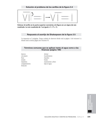    Solución analítica y creativa de problemAS   Capítulo 3    229
Claves
de
resultados
y
datos
comparativos
Respuesta al acertijo de Shakespeare de la figura 3.5
La respuesta es 5 pulgadas. Tenga cuidado de observar dónde está la página 1 del volumen I y
dónde está la úl­
tima página del volumen IV.
Términos comunes que se aplican tanto al agua como a las
finanzas (página 190)
bancos
circulante
flujo
lavado
depósitos
congelamiento
flotación
drenar
hundimiento
liquidez
fondo
mantenerse a flote
bajo el agua
Solución al problema de los cerillos de la figura 3.4
Colocar el cerillo en la parte superior convierte a la figura en un signo de raíz
cuadrada. La raíz cuadrada de 1 es igual a 1. ( 1 = 1).
 