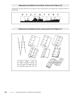 230    Capítulo 3   Solución analítica y creativa de problemas
Respuesta al problema de nombrar el barco de la figura 3.6
Comparando cada parte del barco con las partes de barcos más pequeños, encontramos que el nombre del barco es
DISCOVERY:
Comparing each part of the ship with the parts from the smaller ships, we find that the
ship’s name is DISCOVERY:
Soluciones al problema de los nueve puntos de la figura 3.7
 