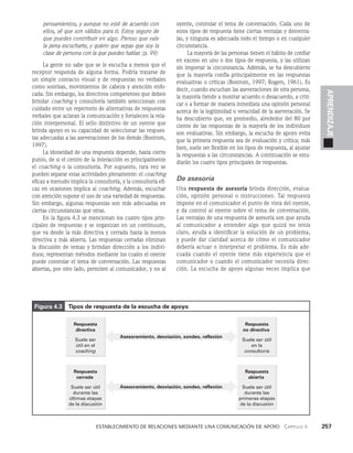    Establecimiento de relaciones mediante una comunicación de apoyo   Capítulo 4    257
APRENDIZAJE
pensamientos, y aunque no esté de acuerdo con
ellos, sé que son válidos para ti. Estoy seguro de
que puedes contribuir en algo. Pienso que vale
la pena escucharte, y quiero que sepas que soy la
clase de persona con la que puedes hablar. (p. 99)
La gente no sabe que se le escucha a menos que el
receptor responda de alguna forma. Podría tratarse de
un simple contacto visual y de respuestas no verbales
como sonrisas, movimientos de cabeza y atención enfo­
cada. Sin embargo, los directivos competentes que deben
brindar coaching y consultoría también seleccionan con
cuidado entre un repertorio de alternativas de respuestas
verbales que aclaran la comunicación y fortalecen la rela­
ción interperso­
nal. El sello distintivo de un oyente que
brinda apoyo es su capacidad de seleccionar las respues­
tas adecuadas a las aseveraciones de los demás (Bostrom,
1997).
La idoneidad de una respuesta depende, hasta cierto
punto, de si el centro de la interacción es principalmente
el coaching o la consultoría. Por supuesto, rara vez se
pueden separar estas actividades plenamente: el coaching
eficaz a menudo implica la consultoría, y la consultoría efi­
caz en ocasiones impli­
ca al coaching. Además, escuchar
con atención supone el uso de una variedad de respuestas.
Sin embargo, algunas respuestas son más adecuadas en
ciertas circunstancias que otras.
En la figura 4.3 se mencionan los cuatro tipos prin­
cipales de respuestas y se organizan en un continuum,
que va desde la más directiva y cerrada hasta la menos
directiva y más abierta. Las res­
puestas cerradas eliminan
la discusión de temas y brin­
dan dirección a los indivi­
duos; representan métodos mediante los cuales el oyente
puede controlar el tema de conversa­
ción. Las respuestas
abiertas, por otro lado, permiten al comunicador, y no al
oyente, controlar el tema de conversación. Cada uno de
estos tipos de respuesta tiene ciertas ventajas y desventa­
jas, y ninguna es adecuada todo el tiempo o en cualquier
circunstancia.
La mayoría de las personas tienen el hábito de confiar
en exceso en uno o dos tipos de respuesta, y las uti­
lizan
sin importar la circunstancia. Además, se ha des­
cubierto
que la mayoría confía principalmente en las respuestas
evaluativas o críticas (Bostrom, 1997; Rogers, 1961). Es
decir, cuando escuchan las aseveraciones de otra persona,
la mayoría tiende a mostrar acuerdo o desacuerdo, a criti­
car o a formar de manera inmediata una opinión personal
acerca de la legitimidad o veracidad de la aseveración. Se
ha descubierto que, en promedio, alrededor del 80 por
ciento de las respuestas de la mayoría de los individuos
son evaluativas. Sin embargo, la escucha de apoyo evita
que la primera respuesta sea de evaluación y crítica; más
bien, suele ser flexible en los tipos de respuesta, al ajustar
la respuestas a las circunstancias. A continuación se estu­
diarán los cuatro tipos principales de respues­
tas.
De asesoría
Una respuesta de asesoría brinda di­
rección, evalua­
ción, opinión personal o instrucciones. Tal respuesta
impone en el comunicador el punto de vis­
ta del oyente,
y da control al oyente sobre el tema de conversación.
Las ventajas de una respuesta de asesoría son que ayuda
al comunicador a entender al­
go que quizá no tenía
claro, ayuda a identificar la solución de un problema,
y puede dar claridad acerca de cómo el comunicador
debería actuar o interpretar el problema. Es más ade­
cuada cuando el oyen­
te tiene más experiencia que el
comunicador o cuando el comunicador necesita direc­
ción. La escucha de apoyo algunas veces implica que
Figura 4.3 Tipos de respuesta de la escucha de apoyo
Respuesta
directiva
Suele ser
útil en el
coaching
Respuesta
no directiva
Suele ser útil
en la
consultoría
Respuesta
cerrada
Suele ser útil
durante las
últimas etapas
de la discusión
Respuesta
abierta
Suele ser útil
durante las
primeras etapas
de la discusión
Asesoramiento, desviación, sondeo, reflexión
Asesoramiento, desviación, sondeo, reflexión
 