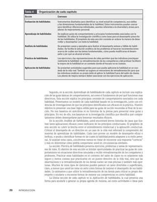 20    INTRODUCCIÓN
Segundo, en la sección Aprendizaje de habilidades de cada capítulo se incluye una explica-
ción de las guías básicas de comportamiento, así como el fundamento de por qué funcionan esas
directrices. Esta sección explica los principios centrales de comportamiento asociados con cada
habilidad. Presentamos un modelo de cada habilidad basado en la investigación, junto con evi-
dencias de investigaciones de que los principios identificados son eficaces en la práctica. Nuestro
objetivo es presentar una base lógica sólida para las guías de acción resumidas al final de la sec-
ción. No nos basamos en anécdotas ni en historias de la prensa para presentar estas guías y
principios. En vez de ello, nos basamos en la investigación científica que identifica qué compor-
tamientos deben desempeñarse para fomentar resultados eficaces.
En la sección Análisis de habilidades, usted encontrará breves historias de casos que ilus-
tran tanto aplicaciones eficaces como ineficaces de los principios conductuales. El propósito de
esta sección es cubrir la brecha entre el entendimiento intelectual y la aplicación conductual.
Criticar el desempeño de un directivo en un caso de la vida real reforzará la comprensión del
material de aprendizaje de habilidades. Cada caso provee un modelo de desempeño eficaz o
ineficaz, y ayuda a identificar formas en las cuales la habilidad podría adaptarse a su es­
tilo perso-
nal. Al analizar estos casos, concéntrese menos en tratar de encontrar una respuesta “correcta”
y más en determinar cómo podría comportarse usted en circunstancias similares.
La sección Práctica de habilidades presenta ejercicios, problemas y tareas de representacio-
nes de roles. El objetivo de esta sección es brindar oportunidades de practicar las guías de com-
portamiento en situaciones directivas simuladas y recibir retroalimentación de los compañeros y
profesores. Practicar estas habilidades en el contexto del salón de clases no es solamente más
seguro y menos costoso que practicarlos en un puesto directivo de la vida real, sino que las
observaciones y la retroalimentación de los demás suelen ser más pre­
cisas y también más opor-
tunas. Muchos de estos tipos de ejercicios pueden parecer un tan­
to divertidos o superficiales,
claro, a menos que usted los tome en serio como formas de mejorar el desempeño de sus habili-
dades. Lo animamos a que utilice la retroalimentación de los demás para criticar su propio des-
empeño y ayudarse a encontrar formas de mejorar sus competencias en cierta habilidad.
La última sección de cada capítulo es la Aplicación de habilidades, la cual presenta una
for­
ma para ayudarle a generar su propia agenda de mejoras, así como actividades e ideas para
Tabla 4     Organización de cada capítulo
Sección Contenido
Evaluación de habilidades Instrumentos diseñados para identificar su nivel actual de competencia, sus estilos
y las dimensiones fundamentales de la habilidad. Estos instrumentos pueden usarse
para identificar diferencias individuales, asuntos referentes a la diversidad y áreas para
planes de mejoramiento personal.
Aprendizaje de habilidades Se explican guías de comportamiento y principios fundamentales asociados con la
habilidad. Se utiliza la investigación científica como base para el desempeño prescrito
de las habilidades. El propósito de esta sección consiste en aclarar la manera de desa-
rrollar y desempeñar con éxito la habilidad.
Análisis de habilidades Se presentan casos y ejemplos para ilustrar el desempeño exitoso y fallido de habili-
dades. Se facilita la solución analítica de los problemas al hacerse recomendaciones
acerca de cuáles son los temas fundamentales, cómo puede modificarse el desem-
peño y por qué se alcanzó el éxito.
Práctica de habilidades Los ejercicios y las representaciones de roles permiten que los individuos practiquen
realmente la habilidad. La retroalimentación de los compañeros y del profesor facilitará
la mejora de la habilidad en un contexto donde el fracaso no es costoso.
Aplicación de habilidades Se presentan actividades sugeridas para que pueda aplicarse la habilidad en un con-
texto de la vida real. También se sugiere un mecanismo de retroalimentación para que
los individuos analicen su propio éxito al aplicar la habilidad fuera del salón de clases.
Los planes de mejora siempre deben asociarse con los ejercicios de aplicación.
 