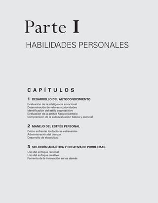 1 Desarrollo del autoconocimiento
Evaluación de la inteligencia emocional
Determinación de valores y prioridades
Identificación del estilo cognoscitivo
Evaluación de la actitud hacia el cambio
Comprensión de la autoevaluación básica y esencial
2 Manejo del estrés personal
Cómo enfrentar los factores estresantes
Administración del tiempo
Desarrollo de elasticidad
3 Solución analítica y creativa de problemas
Uso del enfoque racional
Uso del enfoque creativo
Fomento de la innovación en los demás
CAPÍTULOS
HABILIDADES PERSONALES
Parte I
 