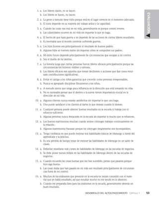 Desarrollo del autoconocimiento   Capítulo 1    53
EVALUACIÓN
1. a. Los líderes nacen, no se hacen.
b. Los líderes se hacen, no nacen.
2. a.	
La gente a menudo tiene éxito porque está en el lugar correcto en el momento adecuado.
b. El éxito depende en su mayoría del trabajo arduo y la capacidad.
3. a. Cuando las cosas van mal en mi vida, generalmente es porque cometí errores.
b. Las calamidades ocurren en mi vida sin importar lo que yo haga.
4. a. El hecho de que haya guerra o no depende de las acciones de ciertos líderes mundiales.
b. Es inevitable que el mundo continúe sufriendo guerras.
5. a. Los hijos buenos son principalmente el resultado de buenos padres.
b. Algunos hijos se vuelven malos sin importar cómo se comporten sus padres.
6. a. Mi éxito futuro depende principalmente de circunstancias que escapan a mi control.
b. Soy el dueño de mi destino.
7. a.	
La historia juzga que ciertas personas fueron líderes eficaces principalmente porque las
circunstancias los hicieron visibles y exitosos.
b. Los líderes eficaces son aquellos que toman decisiones o acciones que dan como resul­
tado contribuciones significativas.
8. a.	
Evitar el castigo a los niños garantiza que crecerán como personas irresponsables.
b. Nunca es apropiado disciplinar físicamente a los niños.
9. a. A menudo siento que tengo poca influencia en la dirección que está tomando mi vida.
b. No es razonable pensar que el destino o la suerte tienen importancia crucial en la
dirección de mi vida.
10. a. Algunos clientes nunca estarán satisfechos sin importar lo que uno haga.
b. Uno puede satisfacer a los clientes al darles lo que desean cuando lo desean.
11. a.	
Cualquier persona puede obtener buenos resultados en la escuela si trabaja con el
esfuerzo suficiente.
b. Algunas personas nunca destacarán en la escuela sin importar lo mucho que se esfuercen.
12. a.	
Los buenos matrimonios resultan cuando ambos cónyuges trabajan continua­
mente en
la relación.
b.	
Algunos matrimonios fracasan porque los cónyuges simplemente son incompatibles.
13. a.	
Tengo confianza en que puedo mejorar mis habilidades básicas de liderazgo a través del
aprendizaje y la práctica.
b. Es una pérdida de tiempo tratar de mejorar las habilidades de liderazgo en un salón de
clases.
14. a.	
Deberían enseñarse más cursos de habilidades de liderazgo en las escuelas de negocios.
b.	
Se debe poner menos énfasis en las habilidades de liderazgo dentro de las escue­
las de
negocios.
15. a.	
Cuando recuerdo las cosas buenas que me han sucedido, pienso que pasaron porque
hice algo bueno.
b. Las cosas malas que han pasado en mi vida son resultado principalmente de circunstan­
cias fuera de mi control.
16. a.	
Muchos de los exámenes que presenté en la escuela no tenían conexión con el mate­
rial que yo había estudiado, así que estudiar mucho no me ayudó en lo absoluto.
b. Cuando me preparaba bien para los exámenes en la escuela, generalmente obte­
nía un
buen resultado.
 
