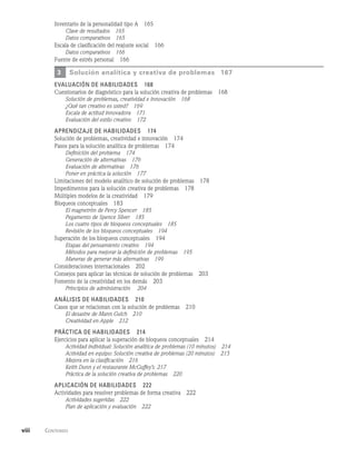 viii    Contenido  
Inventario de la personalidad tipo A   165
Clave de resultados   165
Datos comparativos   165
Escala de clasificación del reajuste social   166
Datos comparativos   166
Fuente de estrés personal   166
3 Solución analítica y creativa de problemas   167
evaluación de habilidades   168
Cuestionarios de diagnóstico para la solución creativa de problemas   168
Solución de problemas, creatividad e innovación   168
¿Qué tan creativo es usted?   169
Escala de actitud innovadora   171
Evaluación del estilo creativo   172
Aprendizaje de habilidades   174
Solución de problemas, creatividad e innovación   174
Pasos para la solución analítica de problemas   174
Definición del problema   174
Generación de alternativas   176
Evaluación de alternativas   176
Poner en práctica la solución   177
Limitaciones del modelo analítico de solución de problemas   178
Impedimentos para la solución creativa de problemas   178
Múltiples modelos de la creatividad   179
Bloqueos conceptuales   183
El magnetrón de Percy Spencer   185
Pegamento de Spence Silver   185
Los cuatro tipos de bloqueos conceptuales   185
Revisión de los bloqueos conceptuales   194
Superación de los bloqueos conceptuales   194
Etapas del pensamiento creativo   194
Métodos para mejorar la definición de problemas   195
Maneras de generar más alternativas   199
Consideraciones internacionales   202
Consejos para aplicar las técnicas de solución de problemas   203
Fomento de la creatividad en los demás   203
Principios de administración    204
Análisis de habilidades   210
Casos que se relacionan con la solución de problemas   210
El desastre de Mann Gulch   210
Creatividad en Apple   212
Práctica de habilidades   214
Ejercicios para aplicar la superación de bloqueos conceptuales   214
Actividad individual: Solución analítica de problemas (10 minutos)   214
Actividad en equipo: Solución creativa de problemas (20 minutos)   215
Mejora en la clasificación   216
Keith Dunn y el restaurante McGuffey’s 217
Práctica de la solución creativa de problemas   220
Aplicación de habilidades   222
Actividades para resolver problemas de forma creativa   222
Actividades sugeridas   222
Plan de aplicación y evaluación   222
 