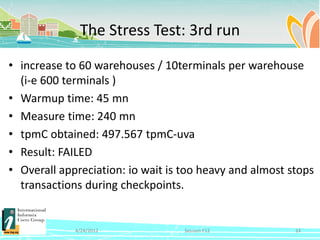 The Stress Test: 3rd run

• increase to 60 warehouses / 10terminals per warehouse
  (i-e 600 terminals )
• Warmup time: 45 mn
• Measure time: 240 mn
• tpmC obtained: 497.567 tpmC-uva
• Result: FAILED
• Overall appreciation: io wait is too heavy and almost stops
  transactions during checkpoints.


             4/24/2012             Session F12           24
 