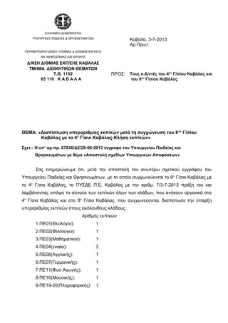 ΘΕΜΑ: «Διαπίστωση υπεραριθμίας εκπ/κών μετά τη συγχώνευση του 8ου
Γ/σίου
Καβάλας με το 4ο
Γ/σιο Καβάλας-Κλήση εκπ/κών»
Σχετ.: Η υπ’ αρ.πρ. 87836/Δ2/28-06-2013 έγγραφο του Υπουργείου Παιδείας και
Θρησκευμάτων με θέμα «Αποστολή σχεδίων Υπουργικών Αποφάσεων»
Σας ενημερώνουμε ότι, μετά την αποστολή του ανωτέρω σχετικού εγγράφου του
Υπουργείου Παιδείας και Θρησκευμάτων, με το οποίο συγχωνεύονται το 8ο
Γ/σιο Καβάλας με
το 4ο
Γ/σιο Καβάλας, το ΠΥΣΔΕ Π.Ε. Καβάλας με την αριθμ. 7/3-7-2013 πράξη του και
λαμβάνοντας υπόψη το σύνολο των εκπ/κών όλων των κλάδων, που ανήκουν οργανικά στο
4ο
Γ/σιο Καβάλας και στο 8ο
Γ/σιο Καβάλας, που συγχωνεύονται, διαπίστωσε την ύπαρξη
υπεραριθμίας εκπ/κών στους ακόλουθους κλάδους:
Αριθμός εκπ/κών
1.ΠΕ01(Θεολόγοι): 1
2.ΠΕ02(Φιλόλογοι): 1
3.ΠΕ03(Μαθηματικοί): 1
4.ΠΕ04(ενιαία): 3
5.ΠΕ06(Αγγλικής): 1
6.ΠΕ07(Γερμανικής): 1
7.ΠΕ11(Φυσ.Αγωγής): 1
8.ΠΕ16(Μουσικής): 1
9.ΠΕ19-20(Πληροφορικής) 1
ΕΛΛΗΝΙΚΗ ΔΗΜΟΚΡΑΤΙΑ
ΥΠΟΥΡΓΕΙΟ ΠΑΙΔΕΙΑΣ & ΘΡΗΣΚΕΥΜΑΤΩΝ Καβάλα, 3-7-2013
Αρ.Πρωτ:
ΠΕΡΙΦΕΡΕΙΑΚΗ Δ/ΝΣΗ Π/ΘΜΙΑΣ & Δ/ΘΜΙΑΣ ΕΚΠ/ΣΗΣ
ΑΝ. ΜΑΚΕΔΟΝΙΑΣ ΚΑΙ ΘΡΑΚΗΣ
Δ/ΝΣΗ Δ/ΘΜΙΑΣ ΕΚΠ/ΣΗΣ ΚΑΒΑΛΑΣ
TMHMA ΔΙΟΙΚΗΤΙΚΩΝ ΘΕΜΑΤΩΝ
Τ.Θ. 1152 ΠΡΟΣ: Τους κ.Δ/ντές του 4ου
Γ/σίου Καβάλας και
65 110 Κ Α Β Α Λ Α του 8ου
Γ/σίου Καβάλας
 