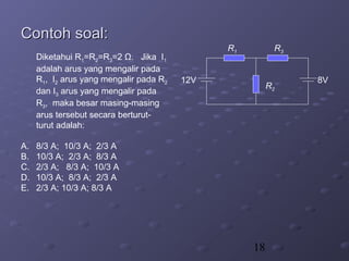 18
Contoh soal:Contoh soal:
R1 R3
R2
12V 8V
Diketahui R1=R2=R3=2 Ω. Jika I1
adalah arus yang mengalir pada
R1, I2 arus yang mengalir pada R2
dan I3 arus yang mengalir pada
R3, maka besar masing-masing
arus tersebut secara berturut-
turut adalah:
A. 8/3 A; 10/3 A; 2/3 A
B. 10/3 A; 2/3 A; 8/3 A
C. 2/3 A; 8/3 A; 10/3 A
D. 10/3 A; 8/3 A; 2/3 A
E. 2/3 A; 10/3 A; 8/3 A
 