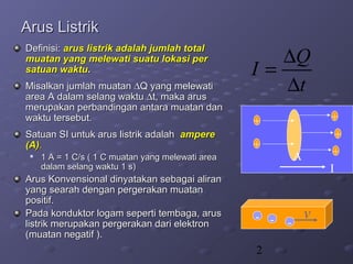 2
Arus ListrikArus Listrik
Definisi:Definisi: arus listrik adalah jumlah totalarus listrik adalah jumlah total
muatan yang melewati suatu lokasi permuatan yang melewati suatu lokasi per
satuan waktusatuan waktu..
Misalkan jumlah muatanMisalkan jumlah muatan ∆∆Q yang melewatiQ yang melewati
area A dalam selang waktuarea A dalam selang waktu ∆∆t, maka arust, maka arus
merupakan perbandingan antara muatan danmerupakan perbandingan antara muatan dan
waktu tersebut.waktu tersebut.
Satuan SI untuk arus listrik adalahSatuan SI untuk arus listrik adalah ampereampere
(A)(A)..

1 A = 1 C/s ( 1 C muatan yang melewati area1 A = 1 C/s ( 1 C muatan yang melewati area
dalam selang waktu 1 s)dalam selang waktu 1 s)
Arus Konvensional dinyatakan sebagai aliranArus Konvensional dinyatakan sebagai aliran
yang searah dengan pergerakan muatanyang searah dengan pergerakan muatan
positif.positif.
Pada konduktor logam seperti tembaga, arusPada konduktor logam seperti tembaga, arus
listrik merupakan pergerakan dari elektronlistrik merupakan pergerakan dari elektron
(muatan negatif ).(muatan negatif ).
A
+
+
+
+
+
I
t
Q
I
∆
∆
=
- -
- v
 
