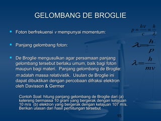 15
GELOMBANG DE BROGLIEGELOMBANG DE BROGLIE
 Foton berfrekuensiFoton berfrekuensi νν mempunyai momentum:mempunyai momentum:
 Panjang gelombang foton:Panjang gelombang foton:
 De Broglie mengusulkan agar persamaan panjangDe Broglie mengusulkan agar persamaan panjang
gelombang tersebut berlaku umum, baik bagi fotongelombang tersebut berlaku umum, baik bagi foton
maupun bagi materi. Panjang gelombang de Broglie:maupun bagi materi. Panjang gelombang de Broglie:
mm adalah massa relativistik. Usulan de Broglie iniadalah massa relativistik. Usulan de Broglie ini
dapat dibuktikan dengan percobaan difraksi elektrondapat dibuktikan dengan percobaan difraksi elektron
oleh Davisson & Germeroleh Davisson & Germer
λ
ν h
c
h
p ==
p
h
=λ
mv
h
=λ
Contoh Soal: hitung panjang gelombang de Broglie dari (a)Contoh Soal: hitung panjang gelombang de Broglie dari (a)
kelereng bermassa 10 gram yang bergerak dengan kelajuankelereng bermassa 10 gram yang bergerak dengan kelajuan
10 m/s (b) elektron yang bergerak dengan kelajuan 107 m/s.10 m/s (b) elektron yang bergerak dengan kelajuan 107 m/s.
Berikan ulasan dari hasil perhitungan tersebutBerikan ulasan dari hasil perhitungan tersebut
 