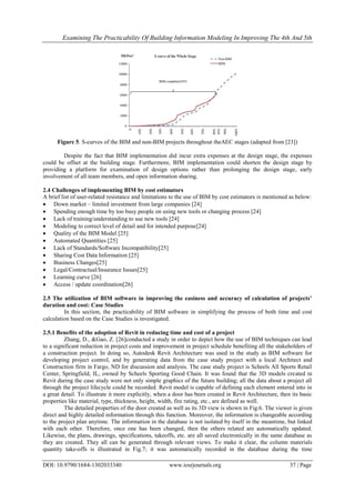 Examining The Practicability Of Building Information Modeling In Improving The 4th And 5th
DOI: 10.9790/1684-1302033340 www.iosrjournals.org 37 | Page
Figure 5. S-curves of the BIM and non-BIM projects throughout theAEC stages (adapted from [23])
Despite the fact that BIM implementation did incur extra expenses at the design stage, the expenses
could be offset at the building stage. Furthermore, BIM implementation could shorten the design stage by
providing a platform for examination of design options rather than prolonging the design stage, early
involvement of all team members, and open information sharing.
2.4 Challenges of implementing BIM by cost estimators
A brief list of user-related resistance and limitations to the use of BIM by cost estimators is mentioned as below:
 Down market – limited investment from large companies [24]
 Spending enough time by too busy people on using new tools or changing process [24]
 Lack of training/understanding to use new tools [24]
 Modeling to correct level of detail and for intended purpose[24]
 Quality of the BIM Model [25]
 Automated Quantities [25]
 Lack of Standards/Software Incompatibility[25]
 Sharing Cost Data Information [25]
 Business Changes[25]
 Legal/Contractual/Insurance Issues[25]
 Learning curve [26]
 Access / update coordination[26]
2.5 The utilization of BIM software in improving the easiness and accuracy of calculation of projects’
duration and cost: Case Studies
In this section, the practicability of BIM software in simplifying the process of both time and cost
calculation based on the Case Studies is investigated.
2.5.1 Benefits of the adoption of Revit in reducing time and cost of a project
Zhang, D., &Gao, Z. [26]conducted a study in order to depict how the use of BIM techniques can lead
to a significant reduction in project costs and improvement in project schedule benefiting all the stakeholders of
a construction project. In doing so, Autodesk Revit Architecture was used in the study as BIM software for
developing project control, and by generating data from the case study project with a local Architect and
Construction firm in Fargo, ND for discussion and analysis. The case study project is Scheels All Sports Retail
Center, Springfield, IL, owned by Scheels Sporting Good Chain. It was found that the 3D models created in
Revit during the case study were not only simple graphics of the future building; all the data about a project all
through the project lifecycle could be recorded. Revit model is capable of defining each element entered into in
a great detail. To illustrate it more explicitly, when a door has been created in Revit Architecture, then its basic
properties like material, type, thickness, height, width, fire rating, etc., are defined as well.
The detailed properties of the door created as well as its 3D view is shown in Fig.6. The viewer is given
direct and highly detailed information through this function. Moreover, the information is changeable according
to the project plan anytime. The information in the database is not isolated by itself in the meantime, but linked
with each other. Therefore, once one has been changed, then the others related are automatically updated.
Likewise, the plans, drawings, specifications, takeoffs, etc. are all saved electronically in the same database as
they are created. They all can be generated through relevant views. To make it clear, the column materials
quantity take-offs is illustrated in Fig.7; it was automatically recorded in the database during the time
 