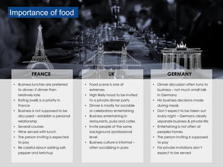 Importance of food
• Business lunches are preferred
to dinner; if dinner then
relatively late
• Eating (well) is a priority in
France
• Business is not supposed to be
discussed – establish a personal
relationship
• Several courses
• Wine served with lunch
• The person inviting is expected
to pay
• Be careful about adding salt,
pepper and ketchup
FRANCE
• Dinner discussion often turns to
business – not much small talk
in Germany
• No business decisions made
during meals
• Don‘t expect to be taken out
every night – Germans clearly
separate business & private life
• Entertaining is not often at
peoples homes
• The person inviting is supposed
to pay
• For private invitations don‘t
expect to be served
GERMANY
• Food scene is one of
extremes
• High likely hood to be invited
to a private dinner party
• Dinner is mostly for sociable
or celebratory entertaining
• Business entertaining in
restaurants, pubs and cafes
• Invite people of the same
background /professional
level
• Business culture is informal –
often socializing in pubs
UK
 