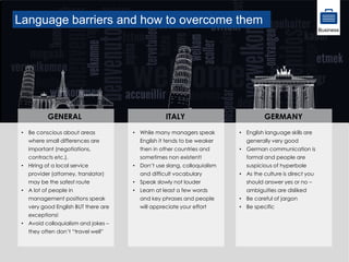 Language barriers and how to overcome them
• Be conscious about areas
where small differences are
important (negotiations,
contracts etc.).
• Hiring of a local service
provider (attorney, translator)
may be the safest route
• A lot of people in
management positions speak
very good English BUT there are
exceptions!
• Avoid colloquialism and jokes –
they often don’t “travel well”
GENERAL
• English language skills are
generally very good
• German communication is
formal and people are
suspicious of hyperbole
• As the culture is direct you
should answer yes or no –
ambiguities are disliked
• Be careful of jargon
• Be specific
GERMANY
• While many managers speak
English it tends to be weaker
then in other countries and
sometimes non existent!
• Don’t use slang, colloquialism
and difficult vocabulary
• Speak slowly not louder
• Learn at least a few words
and key phrases and people
will appreciate your effort
ITALY
Business
 