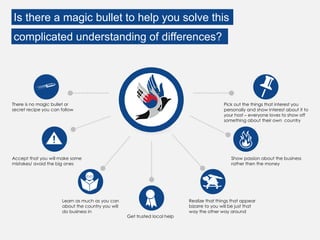 Is there a magic bullet to help you solve this
complicated understanding of differences?
There is no magic bullet or
secret recipe you can follow
Accept that you will make some
mistakes/ avoid the big ones
Learn as much as you can
about the country you will
do business in
Realize that things that appear
bizarre to you will be just that
way the other way around
Pick out the things that interest you
personally and show interest about it to
your host – everyone loves to show off
something about their own country
Get trusted local help
Show passion about the business
rather then the money
 