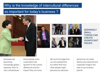 SEEMINGLY
SMALL
THINGS CAN
CREATE
SIGNIFICANT
ISSUES
Businesses are
becoming
increasingly global
exposing them to
new cultures/issues
Some people, even
corporations are
ignorant to the cultural
differences and the
impact they can have
We must not judge from
our own perspective,
but rather think how
other people might
perceive our behavior
Ignorance can easily
destroy your personal and
corporate image in the
eyes of your business
partner
Why is the knowledge of intercultural differences
so important for today’s business ?
 