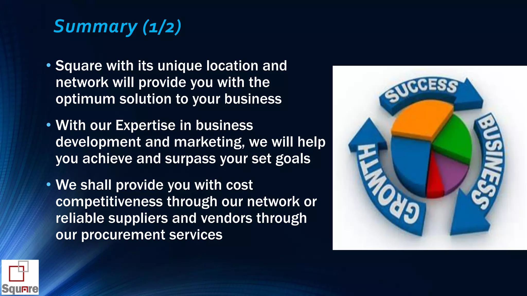 Summary (1/2)
• Square with its unique location and
network will provide you with the
optimum solution to your business
• With our Expertise in business
development and marketing, we will help
you achieve and surpass your set goals
• We shall provide you with cost
competitiveness through our network or
reliable suppliers and vendors through
our procurement services
 