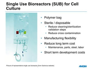 Single Use Bioreactors (SUB) for Cell
Culture
• Polymer bag
• Sterile / disposable
• Reduce cleaning/sterilization
validation steps
• Reduce cross contamination
• Manufacturing flexibility
• Reduce long term cost
• Maintenance, parts, steel, labor
• Short term development costs
7
Picture of representative single use bioreactor (from Sartorius website)
 