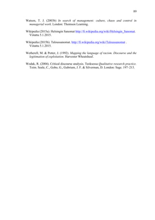  
	
  
89
Watson, T. J. (2003b) In search of management: culture, chaos and control in
managerial work. London: Thomson Learning.
Wikipedia (2015a). Helsingin Sanomat http://fi.wikipedia.org/wiki/Helsingin_Sanomat.
Viitattu 5.1.2015.
Wikipedia (2015b). Taloussanomat. http://fi.wikipedia.org/wiki/Taloussanomat .
Viitattu 5.1.2015.
Wetherell, M. & Potter, J. (1992). Mapping the language of racism. Discourse and the
legitimation of exploitation. Harvester Wheatsheaf.
Wodak, R. (2004). Critical discourse analysis. Teoksessa Qualitative research practice.
Toim. Seale, C., Gobo, G., Gubrium, J. F. & Silverman, D. London: Sage. 197–213.
	
  
 