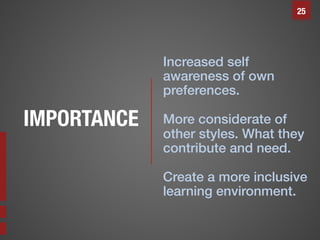 25

Increased self
awareness of own
preferences.!

IMPORTANCE

!

!

More considerate of
other styles. What they
contribute and need.!
Create a more inclusive
learning environment.!

 