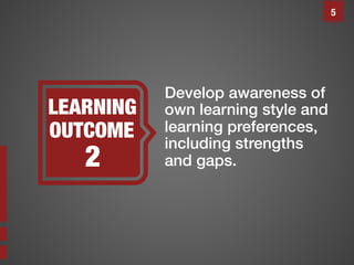 5

2

Develop awareness of
own learning style and
learning preferences,
including strengths
and gaps. !

 