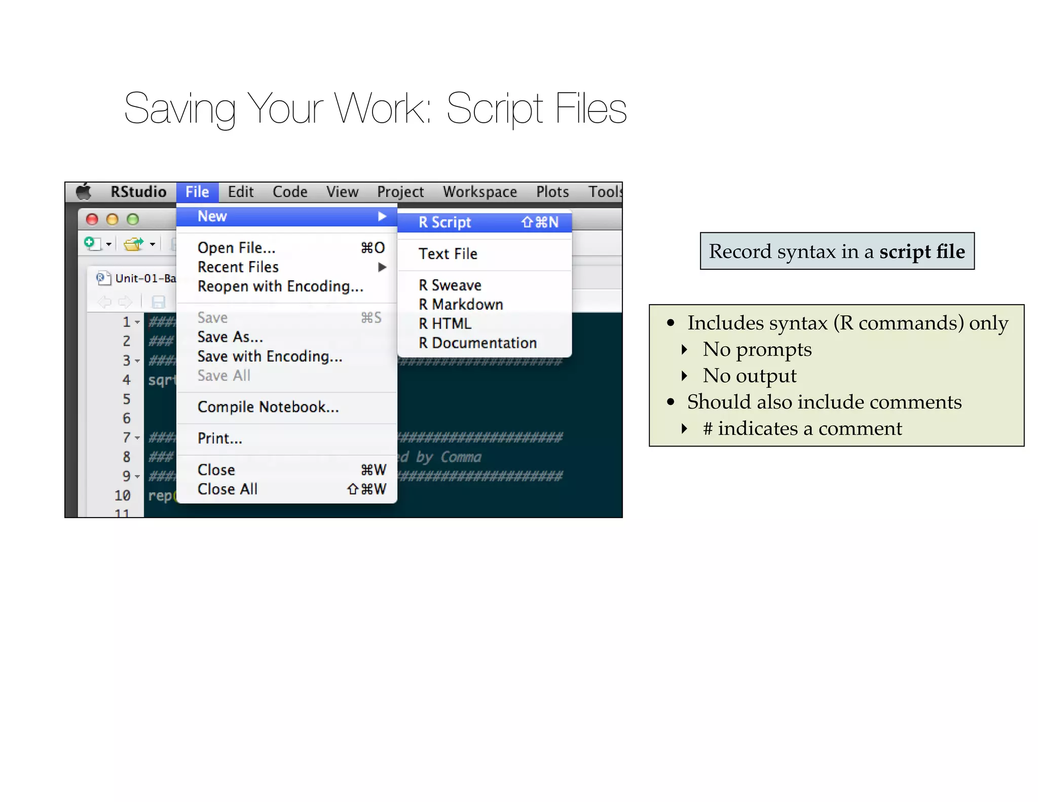 Saving Your Work: Script Files
Record syntax in a script ﬁle
• Includes syntax (R commands) only!
‣ No prompts!
‣ No output!
• Should also include comments!
‣ # indicates a comment
 