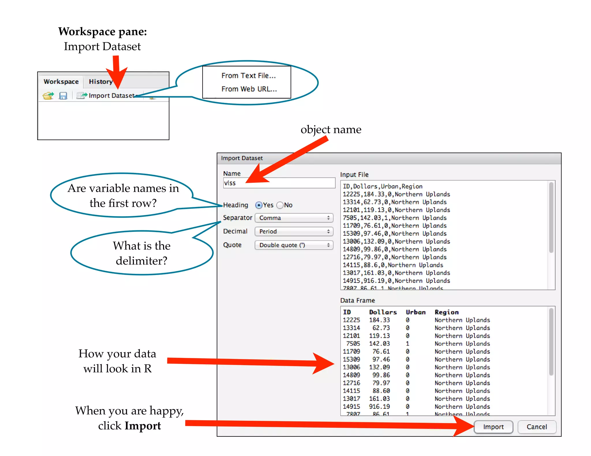 object name
How your data
will look in R
When you are happy,
click Import
Are variable names in
the ﬁrst row?
What is the
delimiter?
Workspace pane:
Import Dataset
 