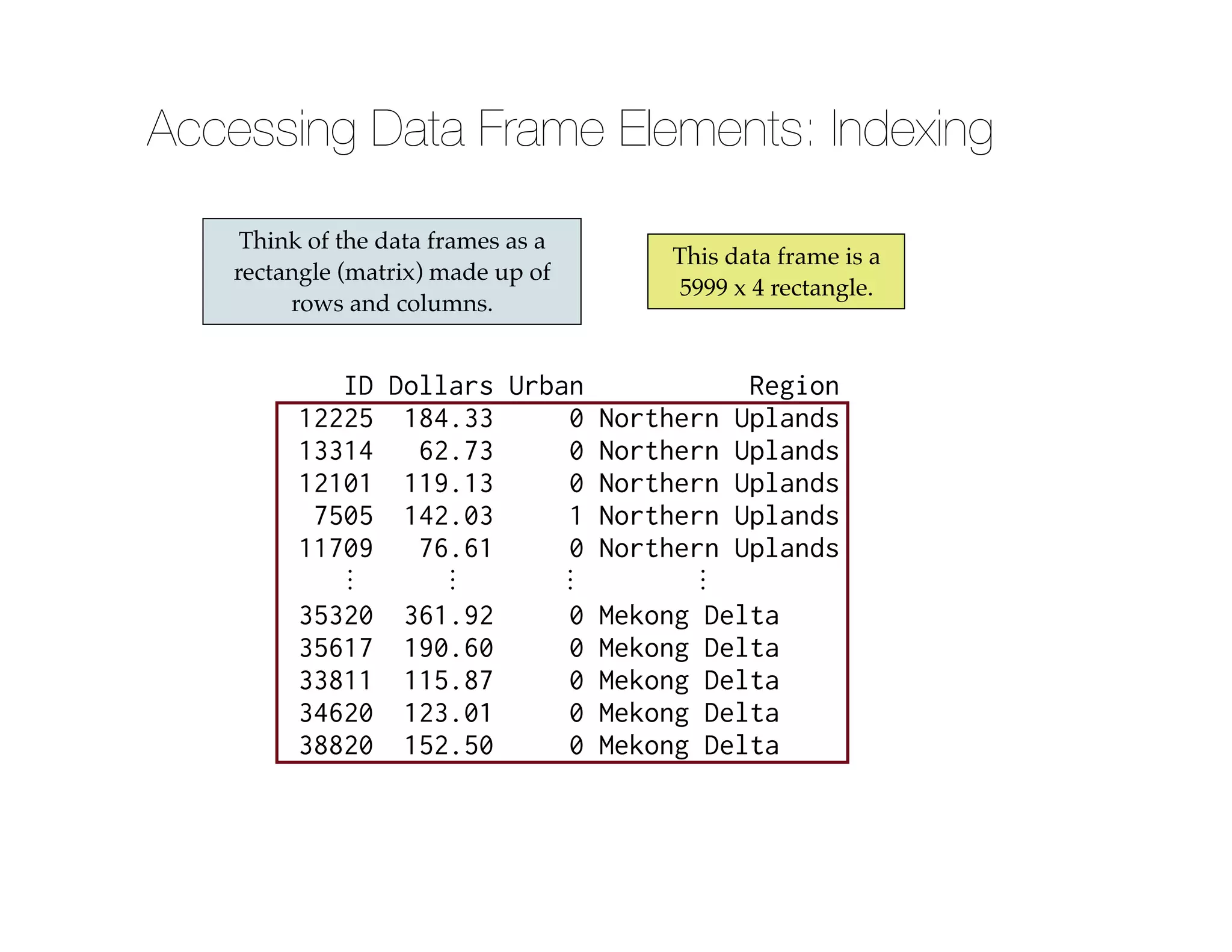 Think of the data frames as a
rectangle (matrix) made up of
rows and columns.
ID Dollars Urban Region
12225 184.33 0 Northern Uplands
13314 62.73 0 Northern Uplands
12101 119.13 0 Northern Uplands
7505 142.03 1 Northern Uplands
11709 76.61 0 Northern Uplands
⋮ ⋮ ⋮ ⋮
35320 361.92 0 Mekong Delta
35617 190.60 0 Mekong Delta
33811 115.87 0 Mekong Delta
34620 123.01 0 Mekong Delta
38820 152.50 0 Mekong Delta
This data frame is a
5999 x 4 rectangle.
Accessing Data Frame Elements: Indexing
 