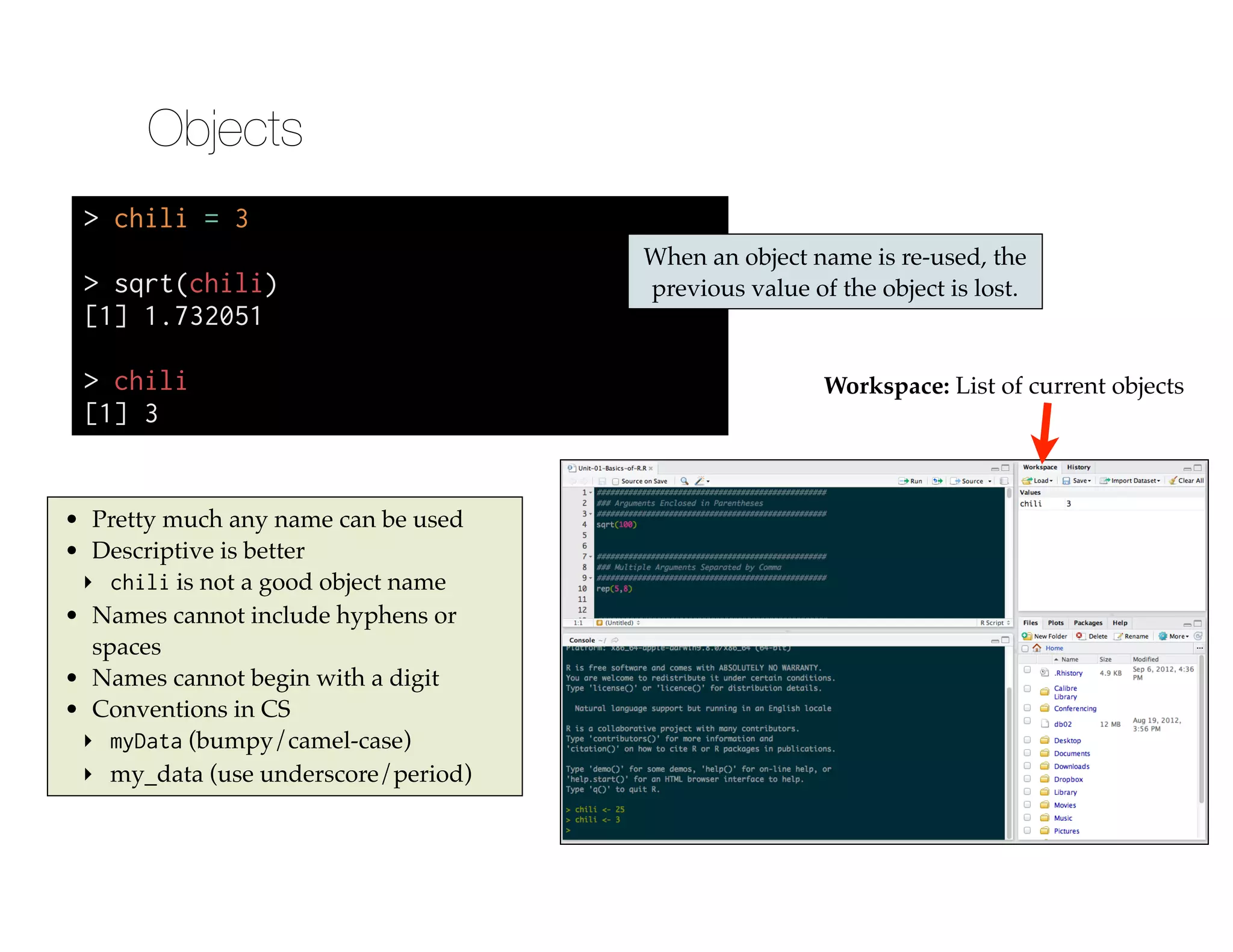 > chili = 3
!
> sqrt(chili)
[1] 1.732051
!
> chili
[1] 3
When an object name is re-used, the
previous value of the object is lost.
Workspace: List of current objects
• Pretty much any name can be used!
• Descriptive is better!
‣ chili is not a good object name!
• Names cannot include hyphens or
spaces!
• Names cannot begin with a digit!
• Conventions in CS!
‣ myData (bumpy/camel-case)!
‣ my_data (use underscore/period)
Objects
 