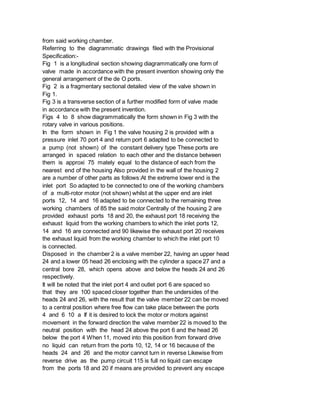 from said working chamber.
Referring to the diagrammatic drawings filed with the Provisional
Specification:-
Fig 1 is a longitudinal section showing diagrammatically one form of
valve made in accordance with the present invention showing only the
general arrangement of the de O ports.
Fig 2 is a fragmentary sectional detailed view of the valve shown in
Fig 1.
Fig 3 is a transverse section of a further modified form of valve made
in accordance with the present invention.
Figs 4 to 8 show diagrammatically the form shown in Fig 3 with the
rotary valve in various positions.
In the form shown in Fig 1 the valve housing 2 is provided with a
pressure inlet 70 port 4 and return port 6 adapted to be connected to
a pump (not shown) of the constant delivery type These ports are
arranged in spaced relation to each other and the distance between
them is approxi 75 mately equal to the distance of each from the
nearest end of the housing Also provided in the wall of the housing 2
are a number of other parts as follows:At the extreme lower end is the
inlet port So adapted to be connected to one of the working chambers
of a multi-rotor motor (not shown) whilst at the upper end are inlet
ports 12, 14 and 16 adapted to be connected to the remaining three
working chambers of 85 the said motor Centrally of the housing 2 are
provided exhaust ports 18 and 20, the exhaust port 18 receiving the
exhaust liquid from the working chambers to which the inlet ports 12,
14 and 16 are connected and 90 likewise the exhaust port 20 receives
the exhaust liquid from the working chamber to which the inlet port 10
is connected.
Disposed in the chamber 2 is a valve member 22, having an upper head
24 and a lower 05 head 26 enclosing with the cylinder a space 27 and a
central bore 28, which opens above and below the heads 24 and 26
respectively.
It will be noted that the inlet port 4 and outlet port 6 are spaced so
that they are 100 spaced closer together than the undersides of the
heads 24 and 26, with the result that the valve member 22 can be moved
to a central position where free flow can take place between the ports
4 and 6 10 a If it is desired to lock the motor or motors against
movement in the forward direction the valve member 22 is moved to the
neutral position with the head 24 above the port 6 and the head 26
below the port 4 When 11, moved into this position from forward drive
no liquid can return from the ports 10, 12, 14 or 16 because of the
heads 24 and 26 and the motor cannot turn in reverse Likewise from
reverse drive as the pump circuit 115 is full no liquid can escape
from the ports 18 and 20 if means are provided to prevent any escape
 
